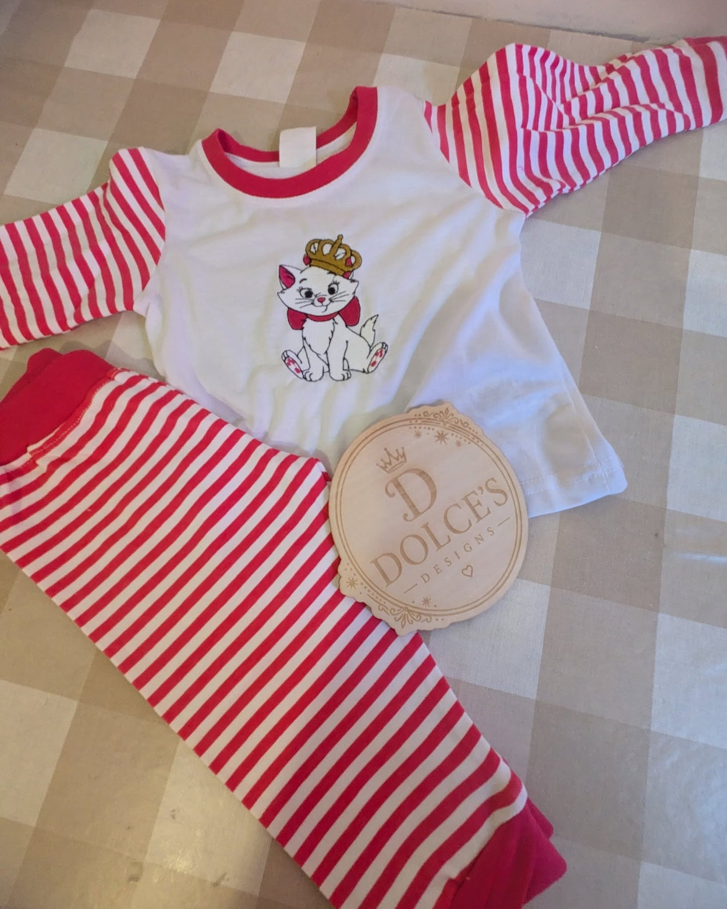 Marie Inspired Girls Pyjamas – Hot Pink & White Striped Embroidered PJs