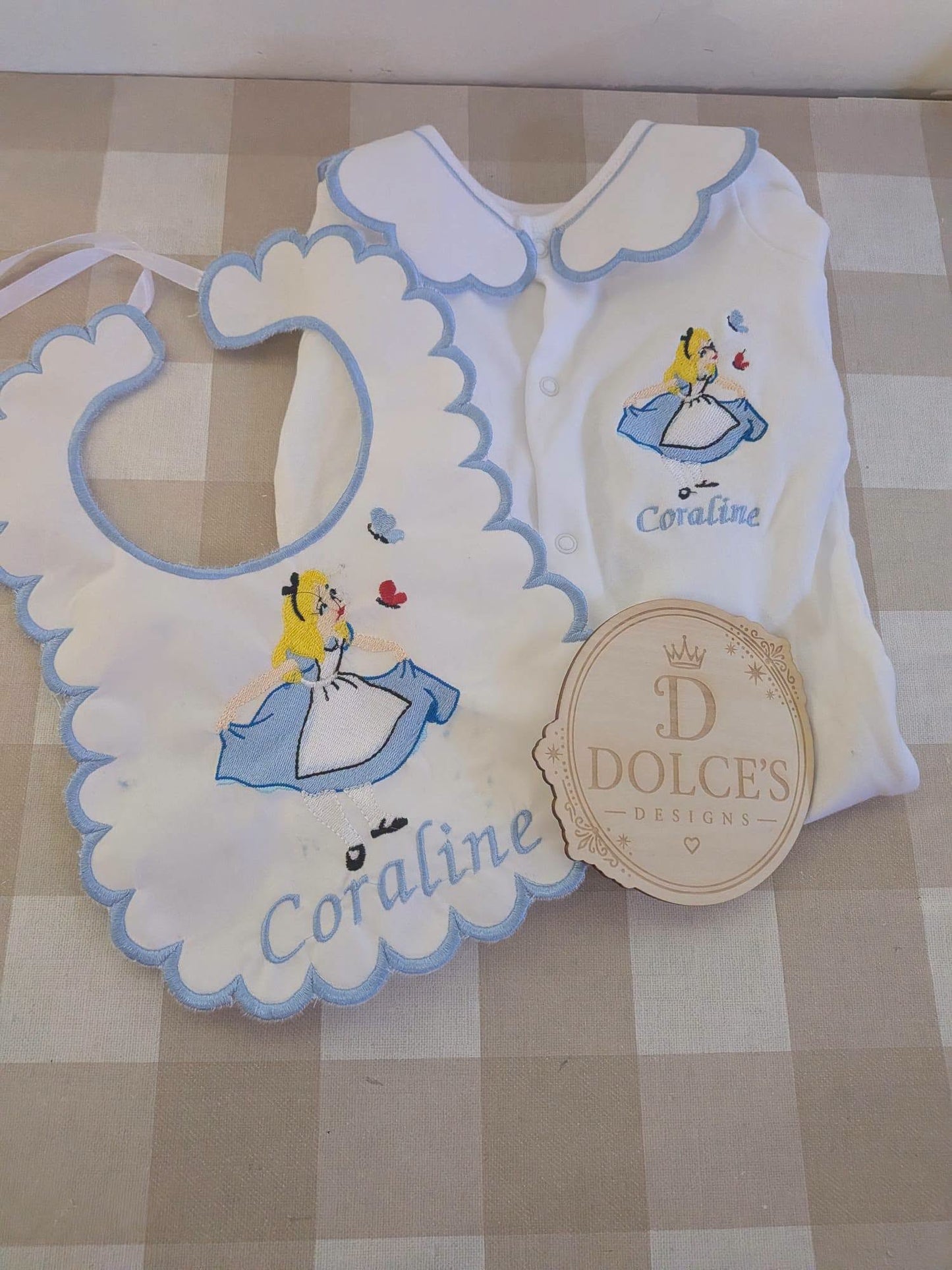 Personalised Alice in Wonderland Baby Set – Embroidered Babygrow & Bib