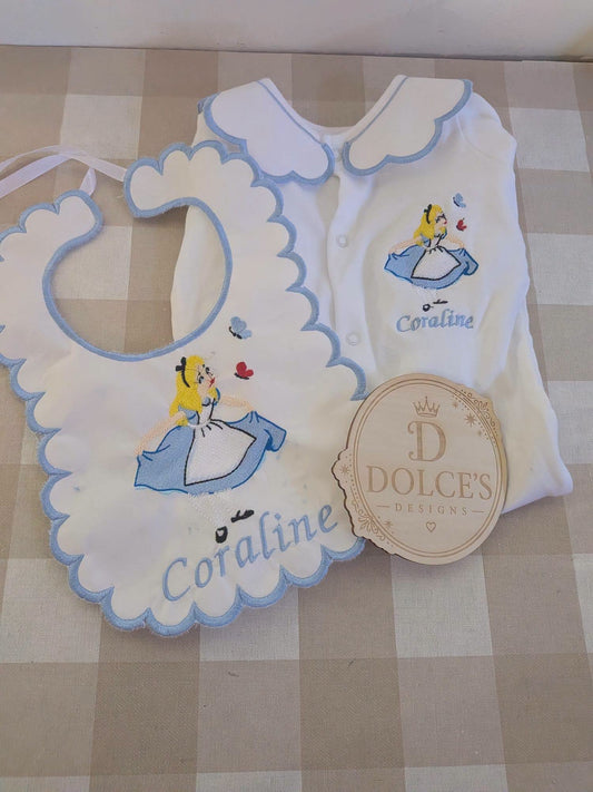 Personalised Alice in Wonderland Baby Set – Embroidered Babygrow & Bib