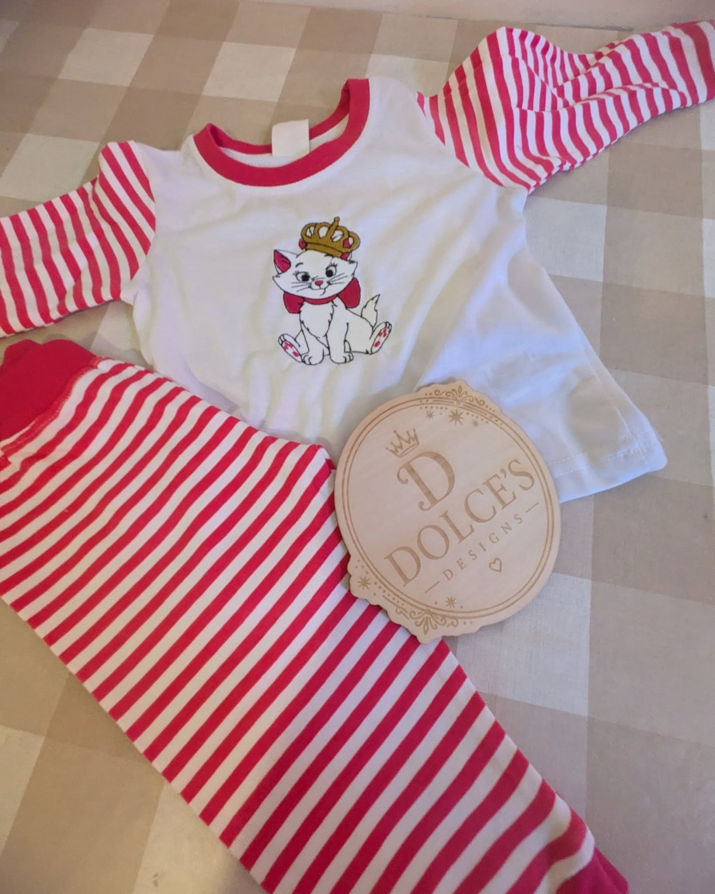 Marie Inspired Girls Pyjamas – Hot Pink & White Striped Embroidered PJs