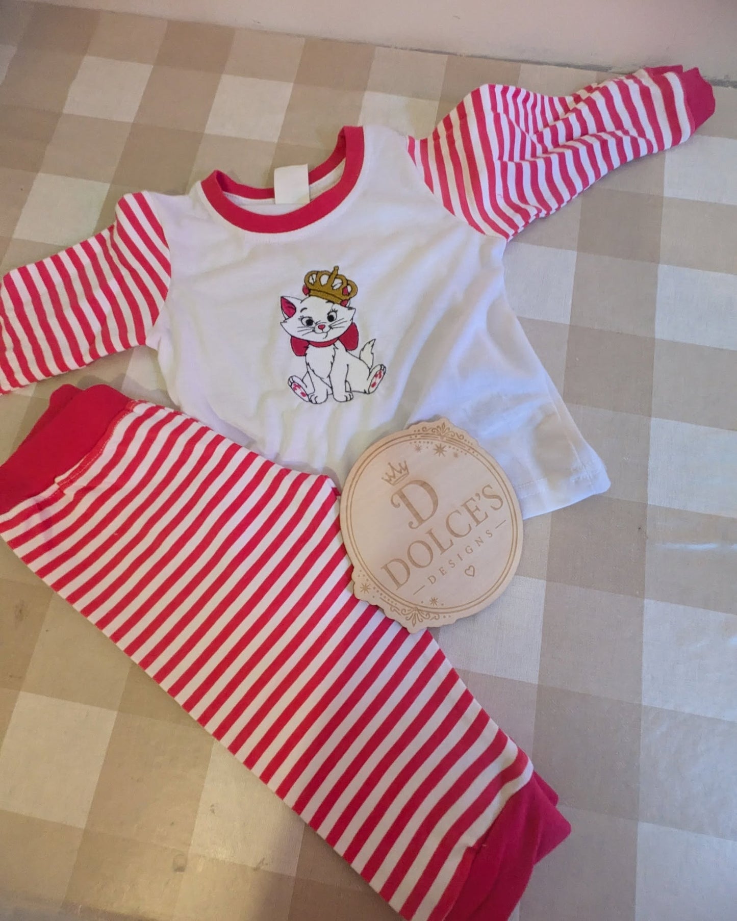 Marie Inspired Girls Pyjamas – Hot Pink & White Striped Embroidered PJs