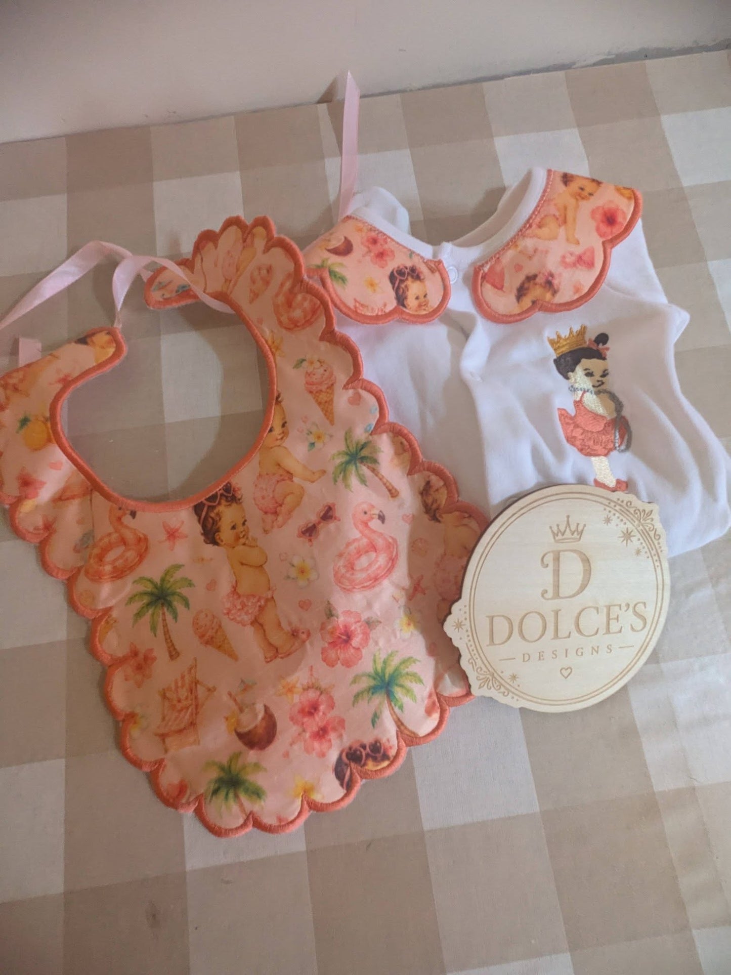 Luxury Tropical Princess Baby Gift Set | Embroidered Peter Pan Collar Babygrow & Matching Bib | Boutique Baby Girl Outfit | Personalised