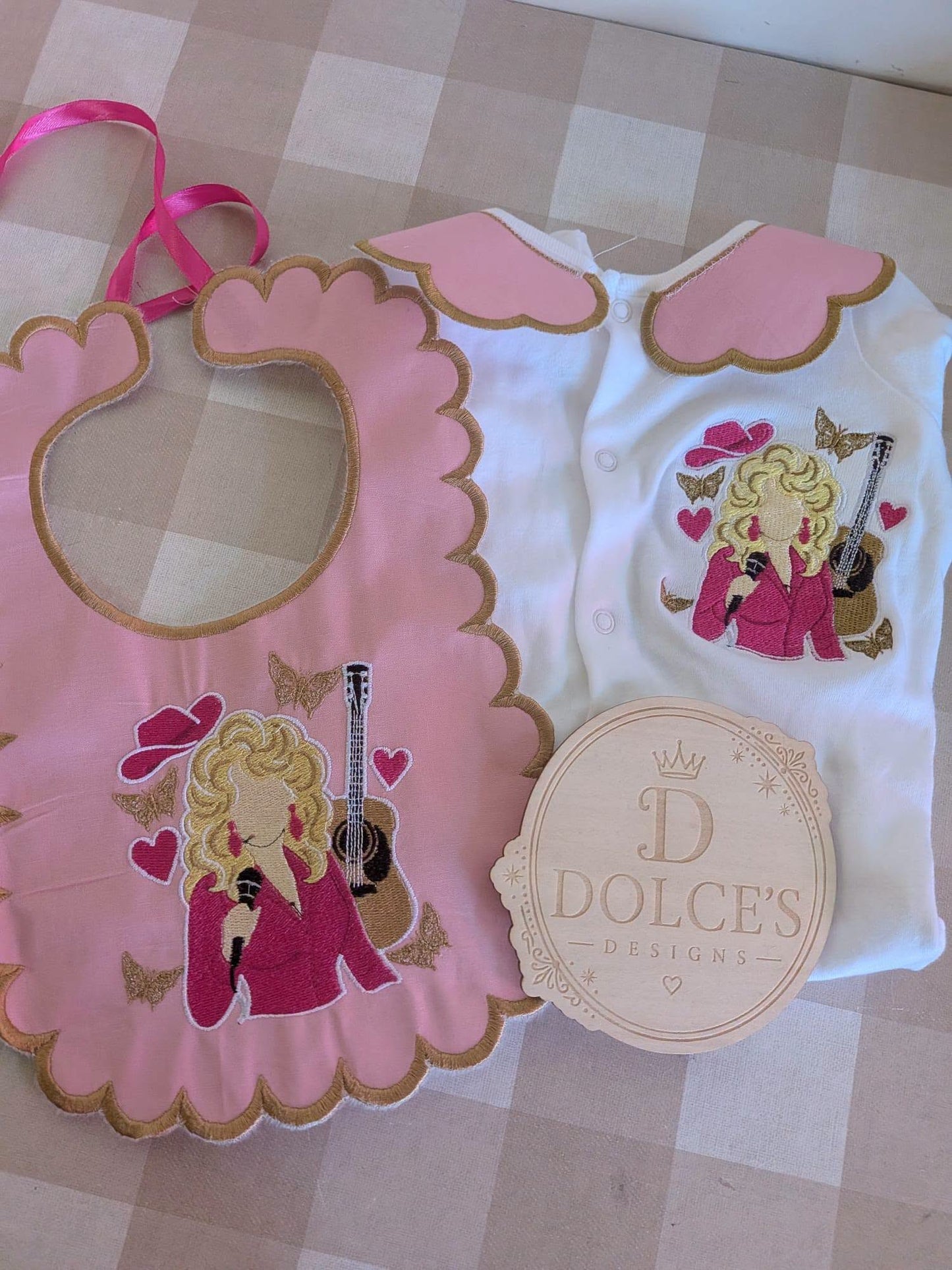 Dolly Parton Inspired Baby Set – Pink & Gold Embroidered Babygrow & Bib