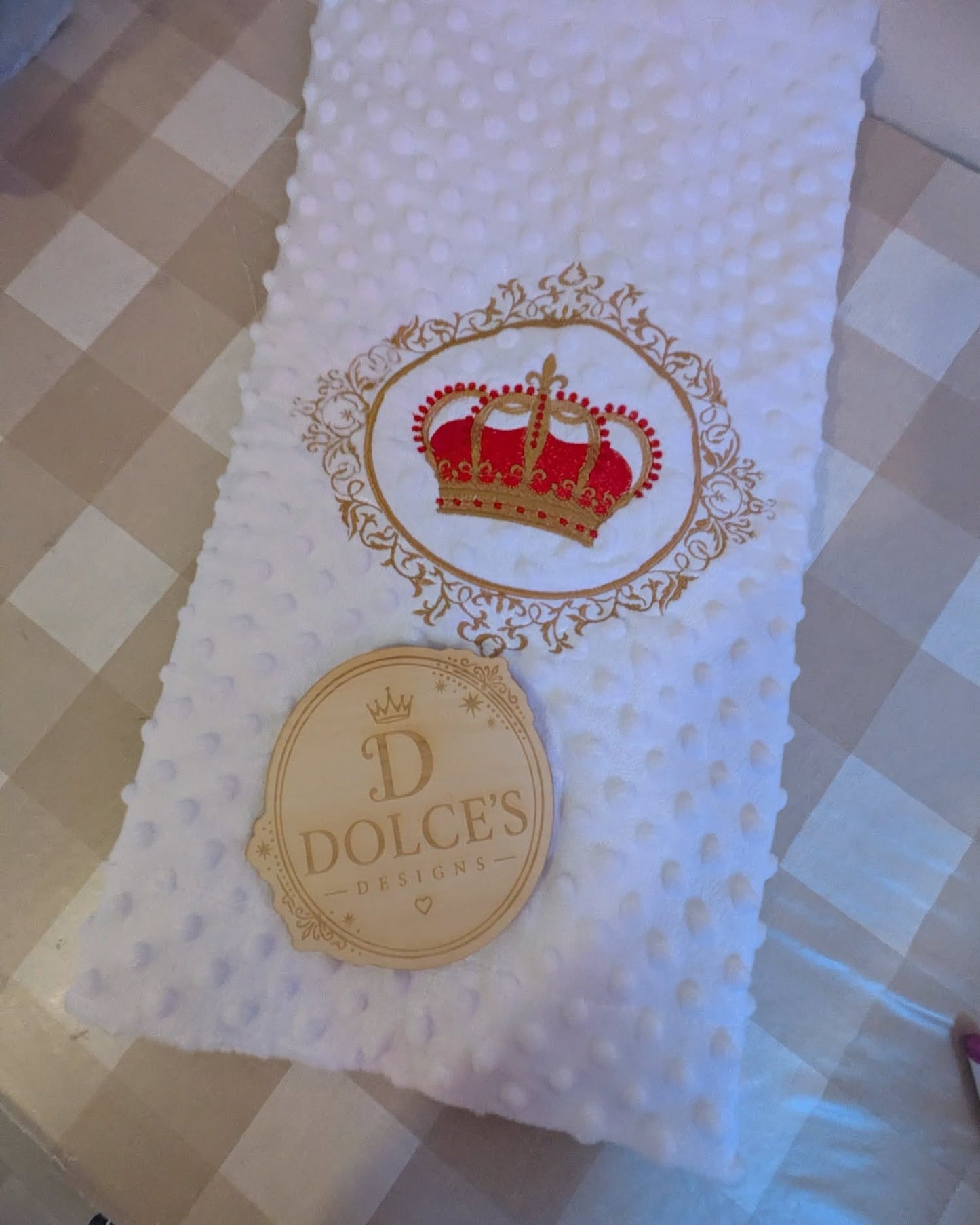 Crown Baby Blanket – White Embroidered Red & Gold Design
