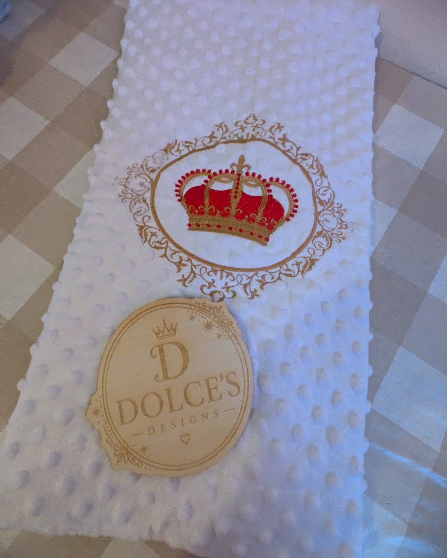 Crown Baby Blanket – White Embroidered Red & Gold Design