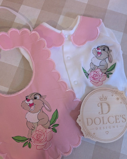 Thumper Inspired Baby Set – Pink Embroidered Babygrow & Bib