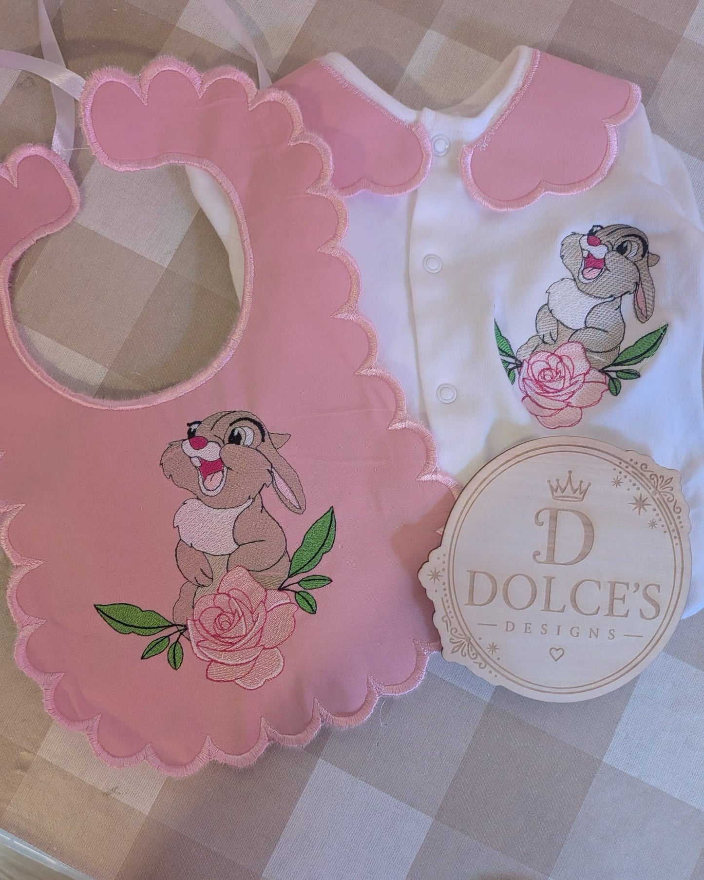 Thumper Inspired Baby Set – Pink Embroidered Babygrow & Bib