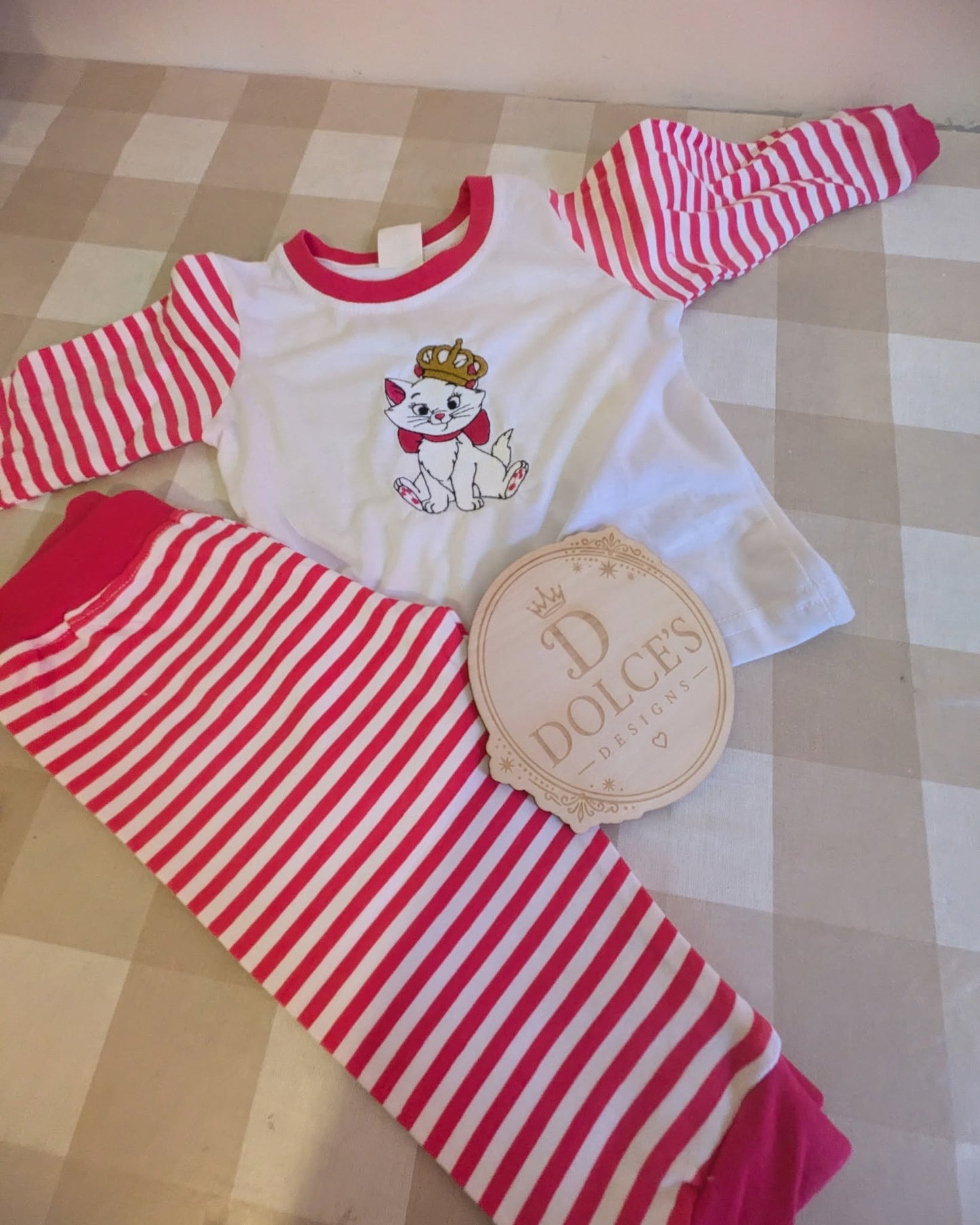 Marie Inspired Girls Pyjamas – Hot Pink & White Striped Embroidered PJs