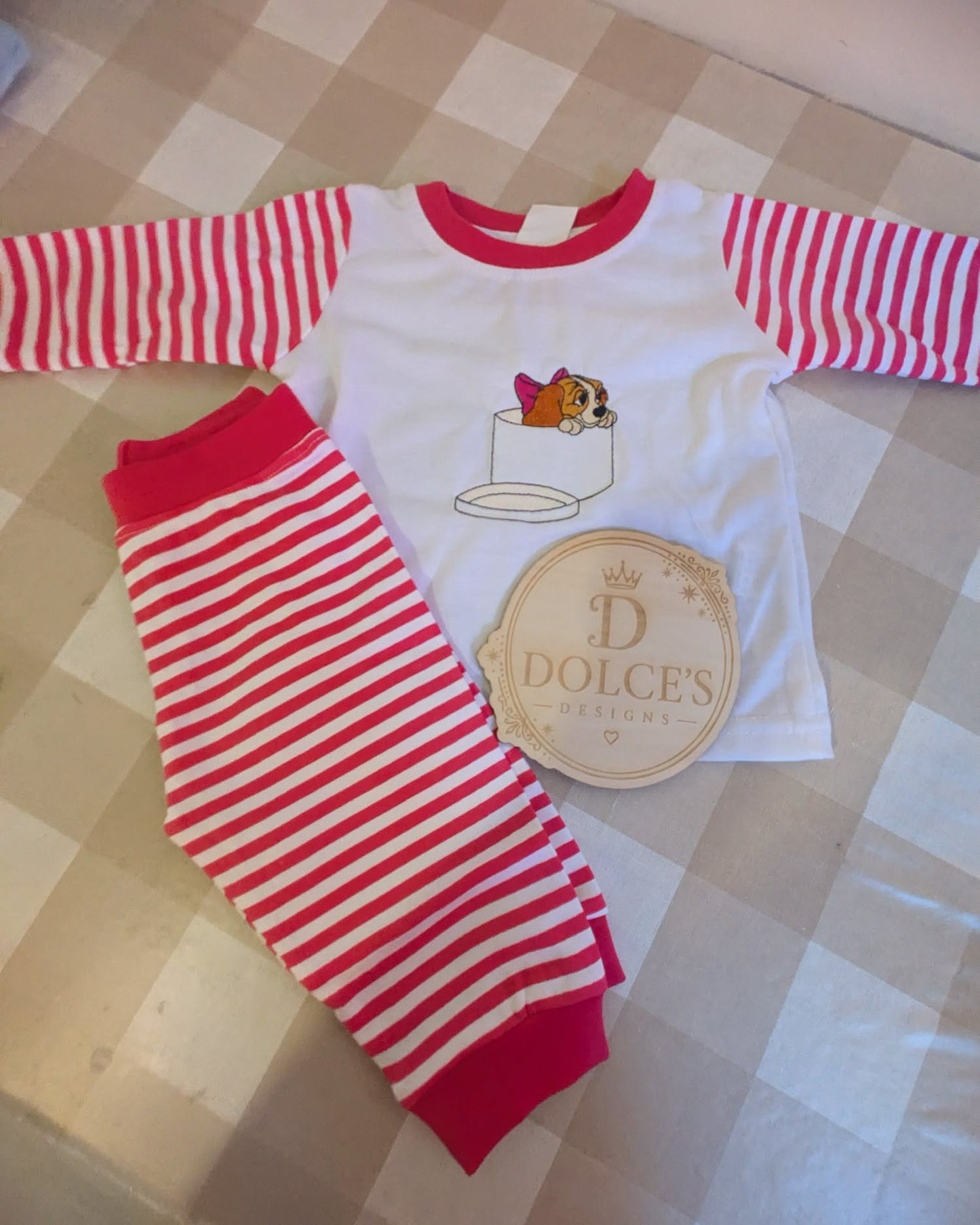 Lady Inspired Girls Pyjamas – Hot Pink & White Striped Embroidered PJs