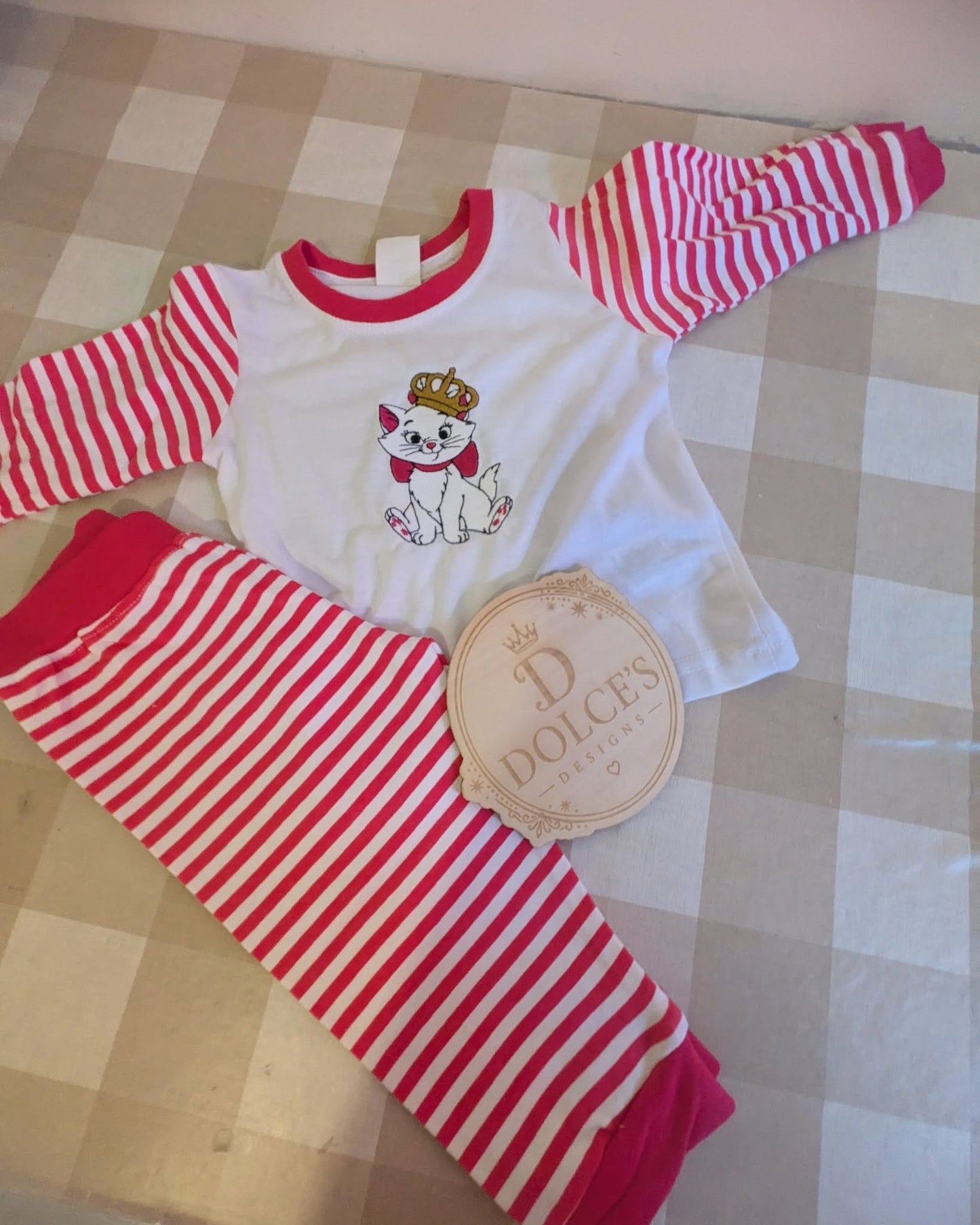 Marie Inspired Girls Pyjamas – Hot Pink & White Striped Embroidered PJs