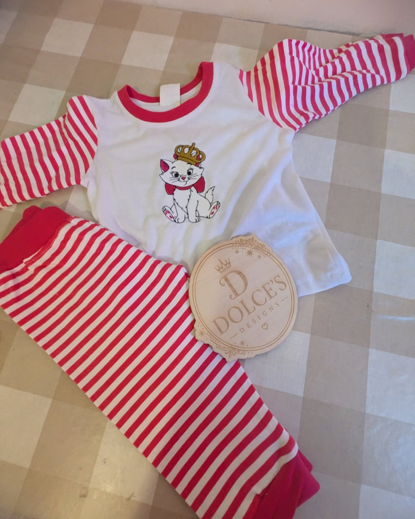 Marie Inspired Girls Pyjamas – Hot Pink & White Striped Embroidered PJs
