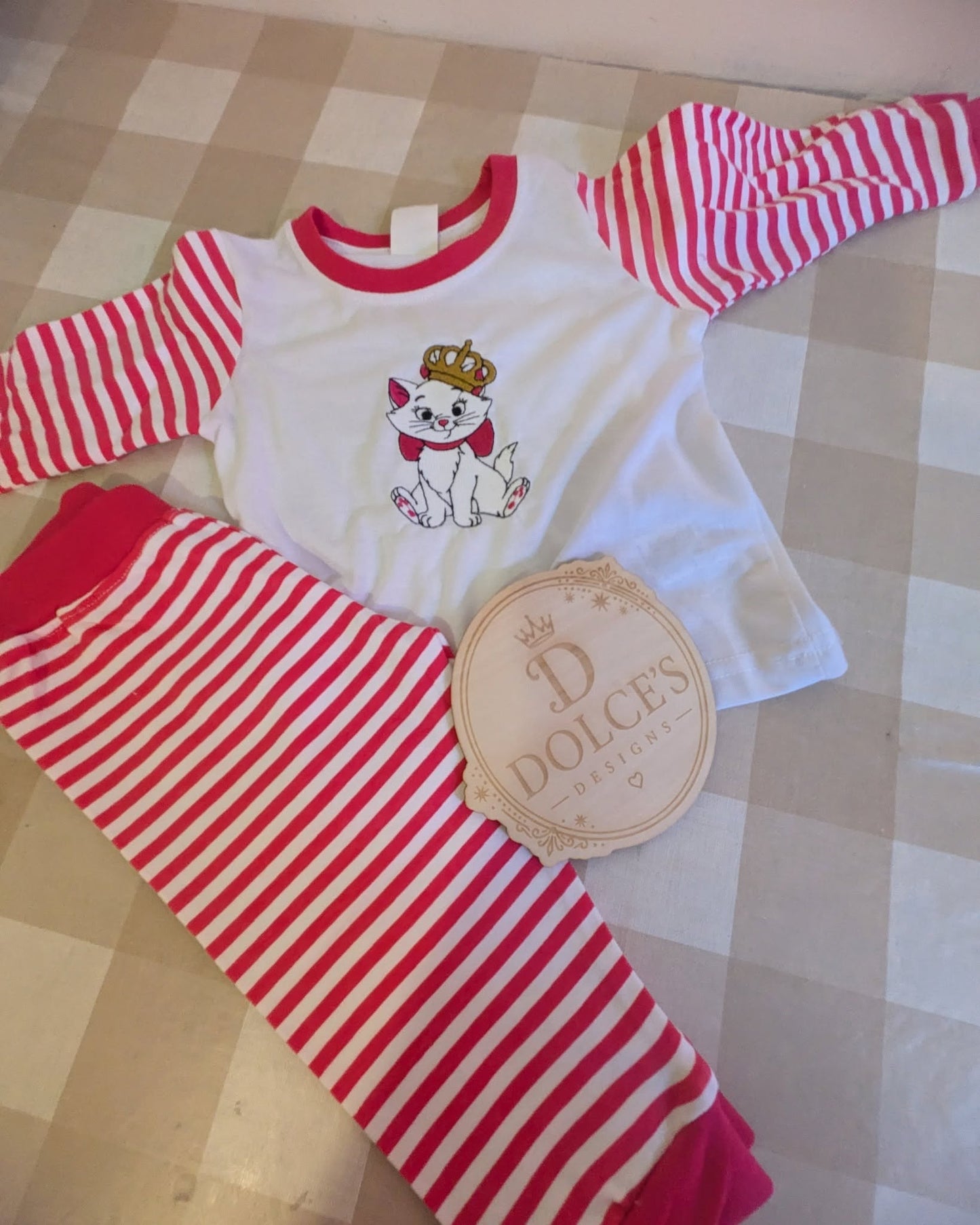 Marie Inspired Girls Pyjamas – Hot Pink & White Striped Embroidered PJs