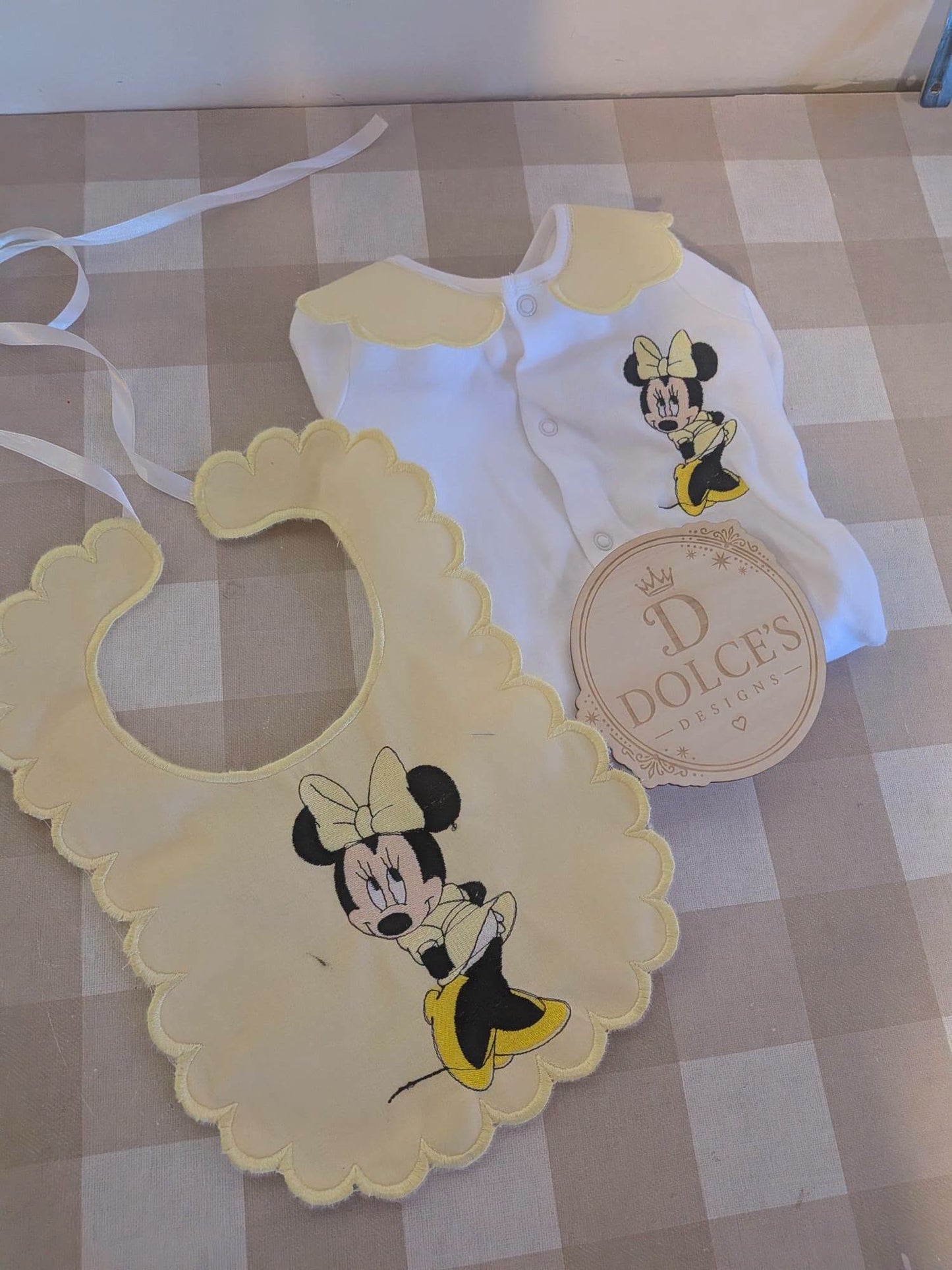 Personalised Minnie Mouse Baby Set – Yellow Embroidered Babygrow & Bib