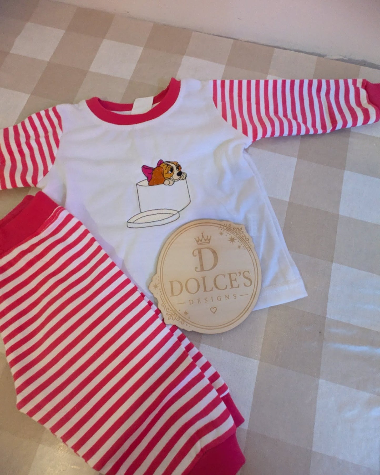 Lady Inspired Girls Pyjamas – Hot Pink & White Striped Embroidered PJs