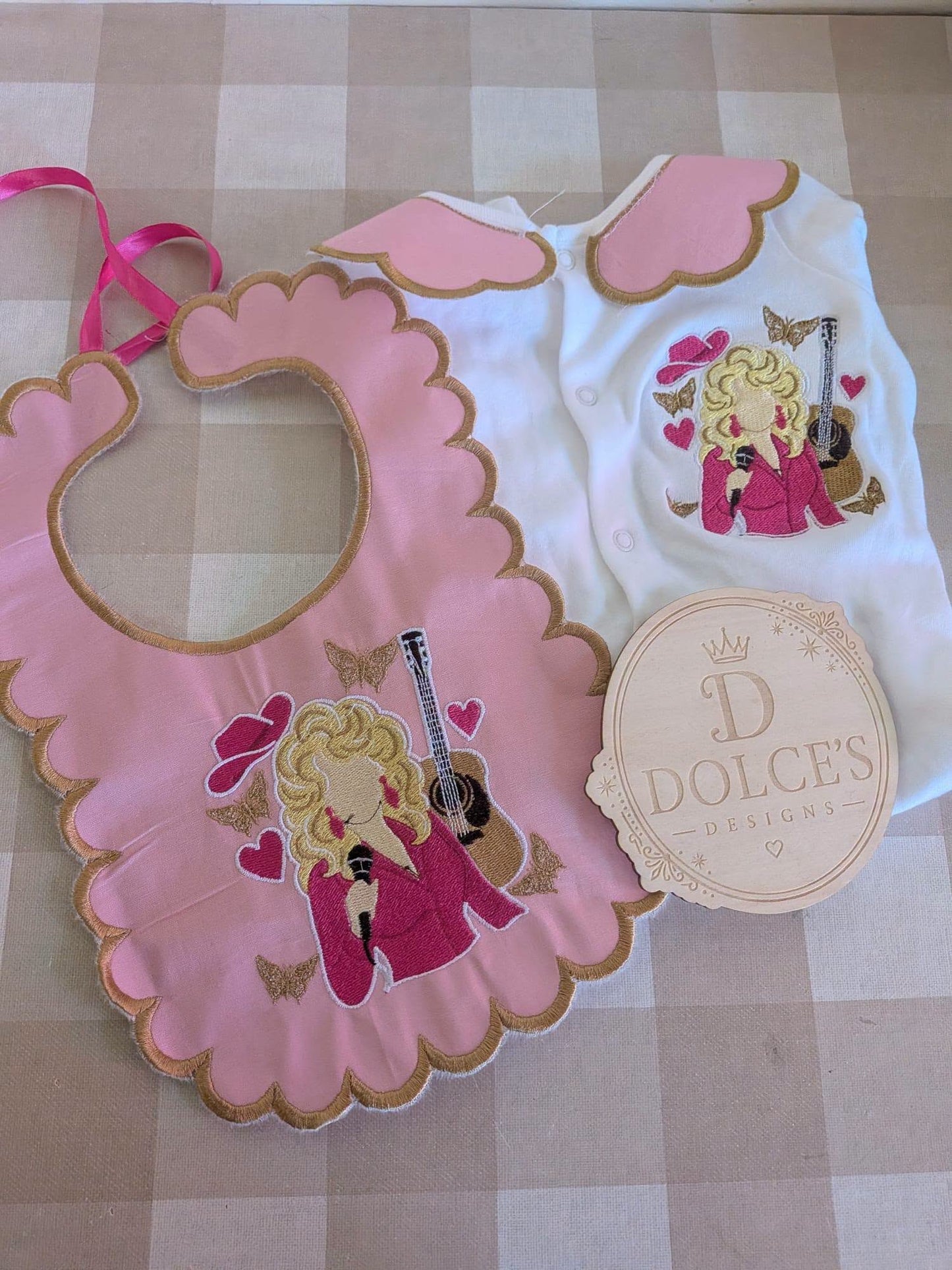Dolly Parton Inspired Baby Set – Pink & Gold Embroidered Babygrow & Bib
