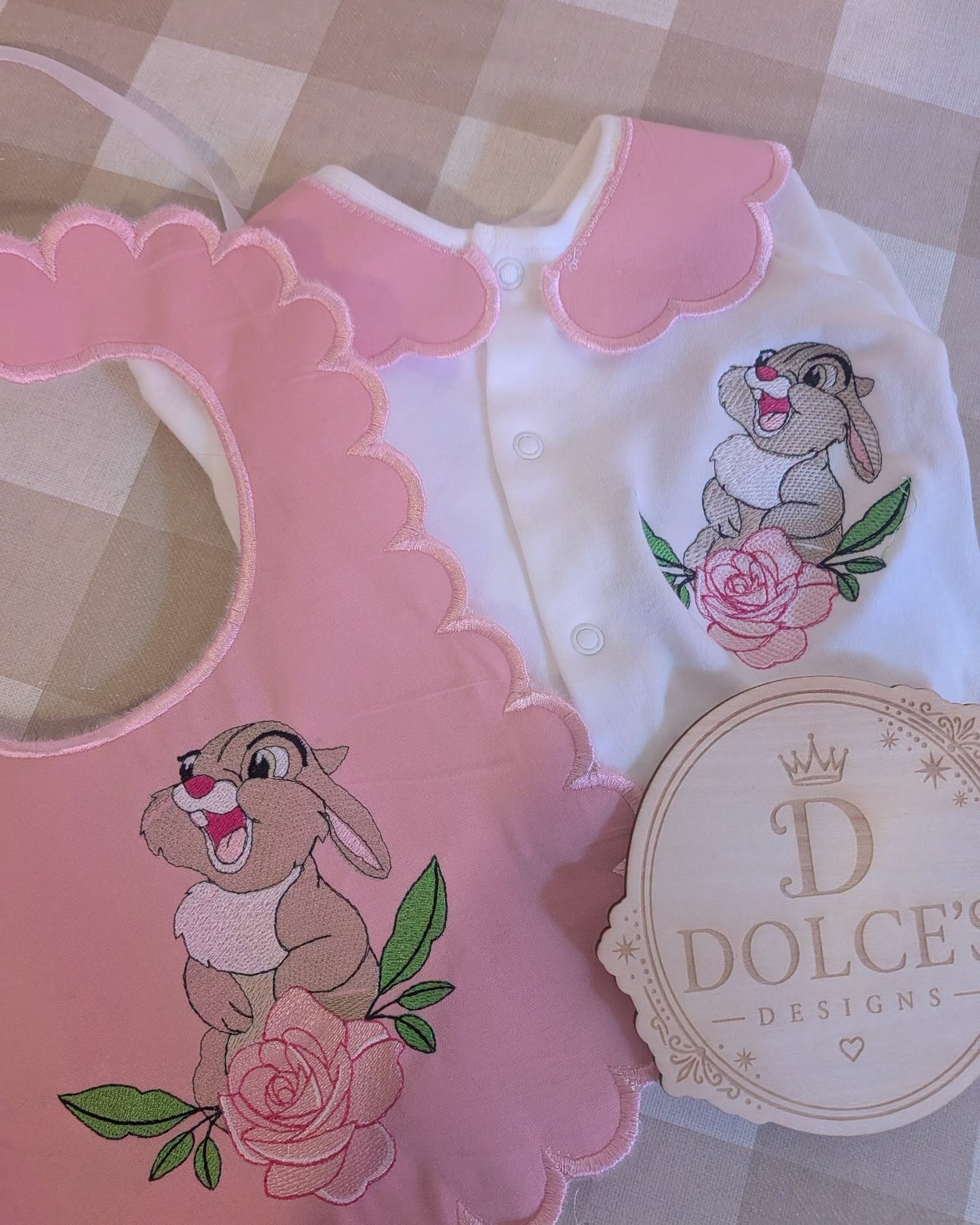 Thumper Inspired Baby Set – Pink Embroidered Babygrow & Bib