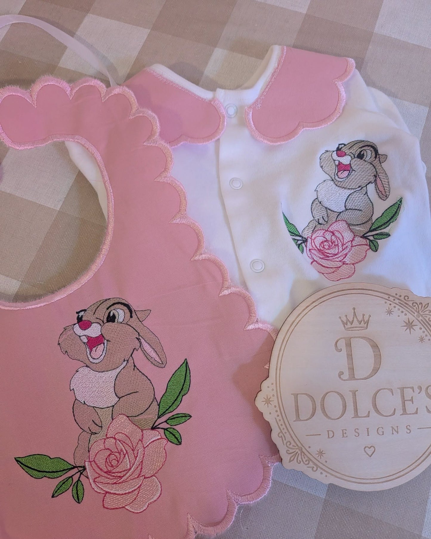 Thumper Inspired Baby Set – Pink Embroidered Babygrow & Bib