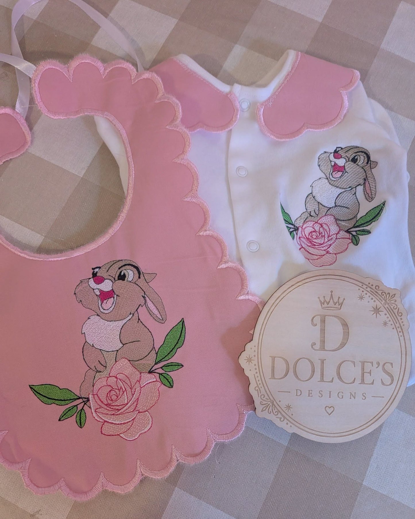 Thumper Inspired Baby Set – Pink Embroidered Babygrow & Bib