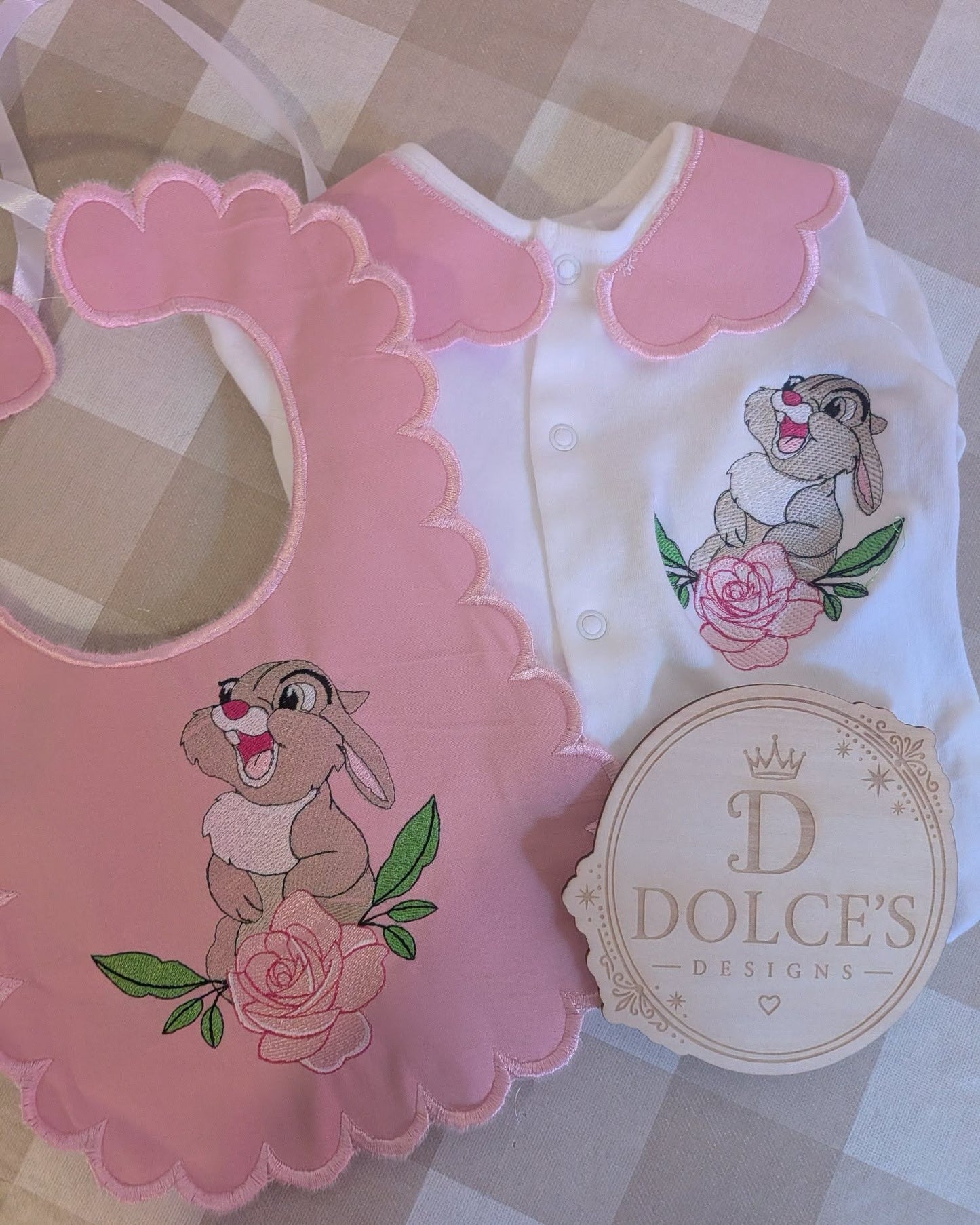 Thumper Inspired Baby Set – Pink Embroidered Babygrow & Bib