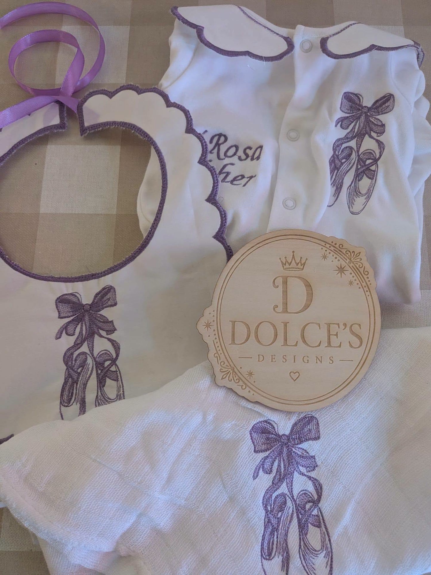 Personalised Ballet Baby 3 Piece Set – Embroidered Babygrow, Bib & Muslin