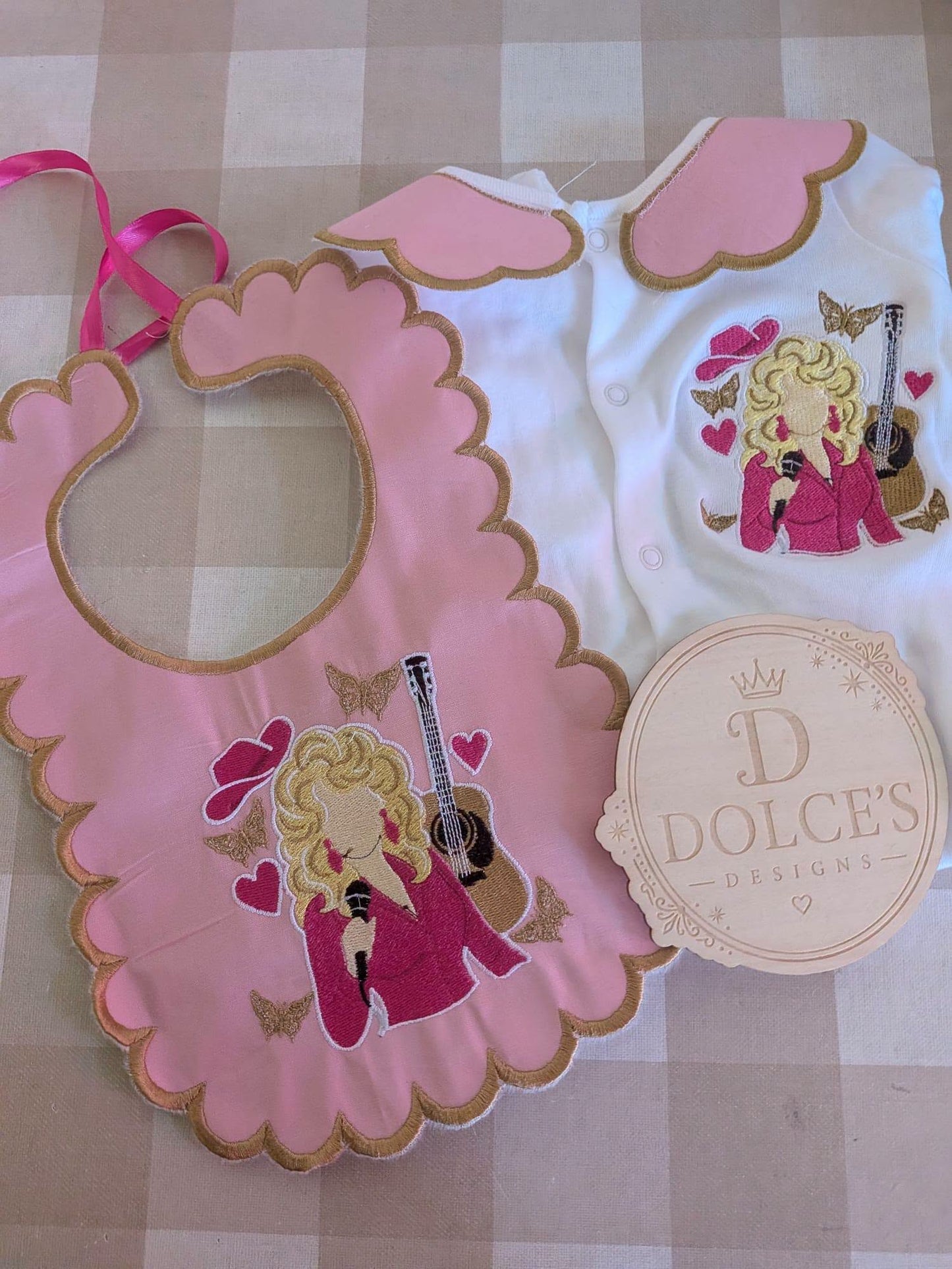 Dolly Parton Inspired Baby Set – Pink & Gold Embroidered Babygrow & Bib