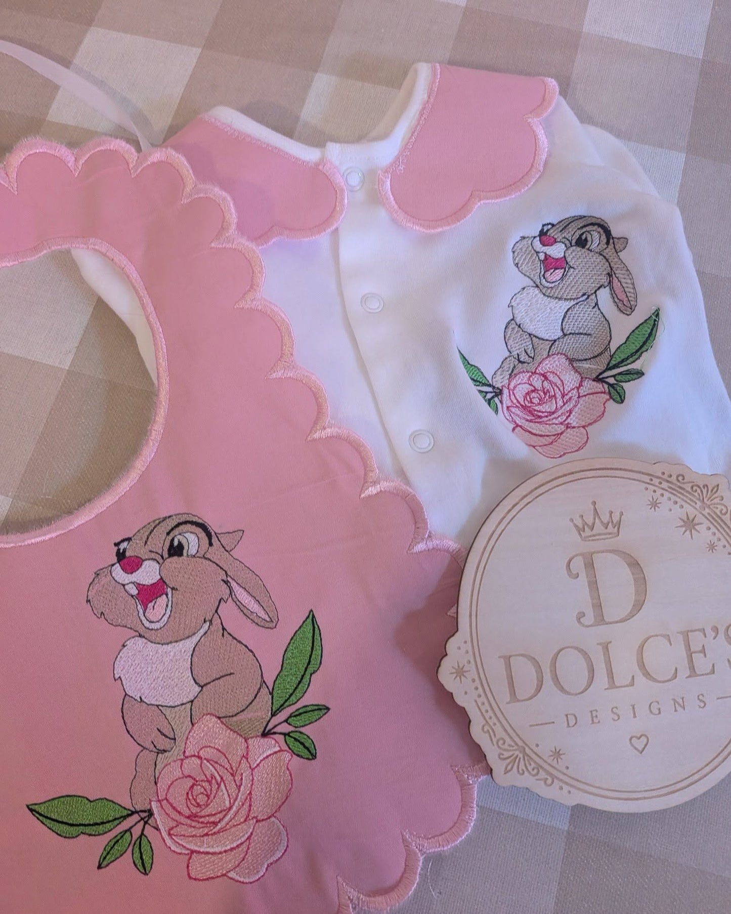 Thumper Inspired Baby Set – Pink Embroidered Babygrow & Bib