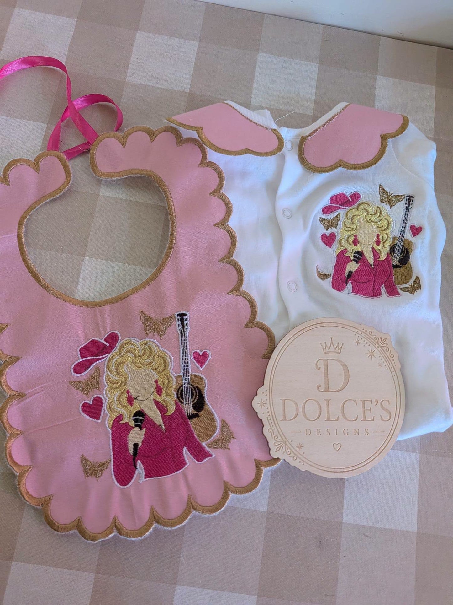 Dolly Parton Inspired Baby Set – Pink & Gold Embroidered Babygrow & Bib