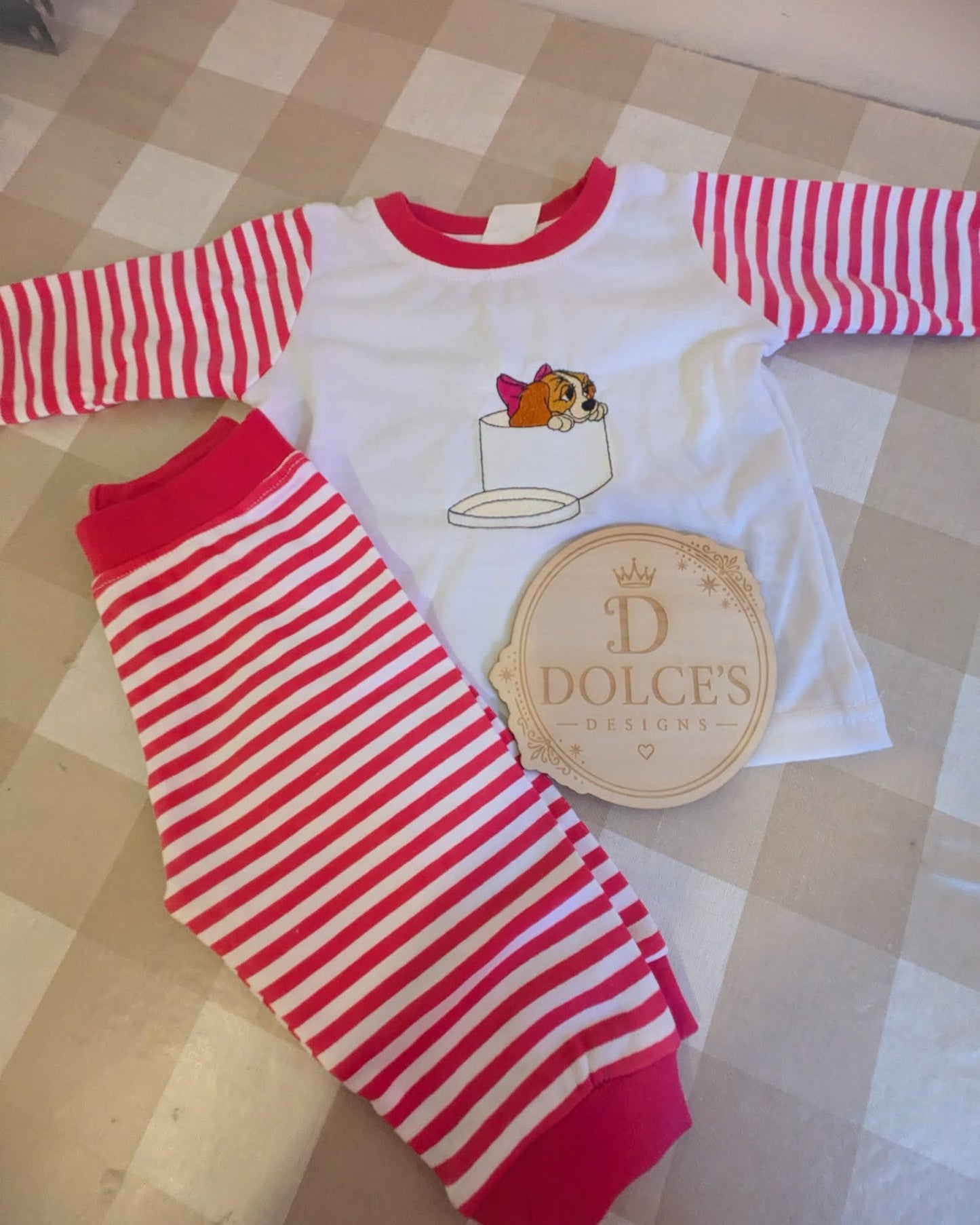 Lady Inspired Girls Pyjamas – Hot Pink & White Striped Embroidered PJs