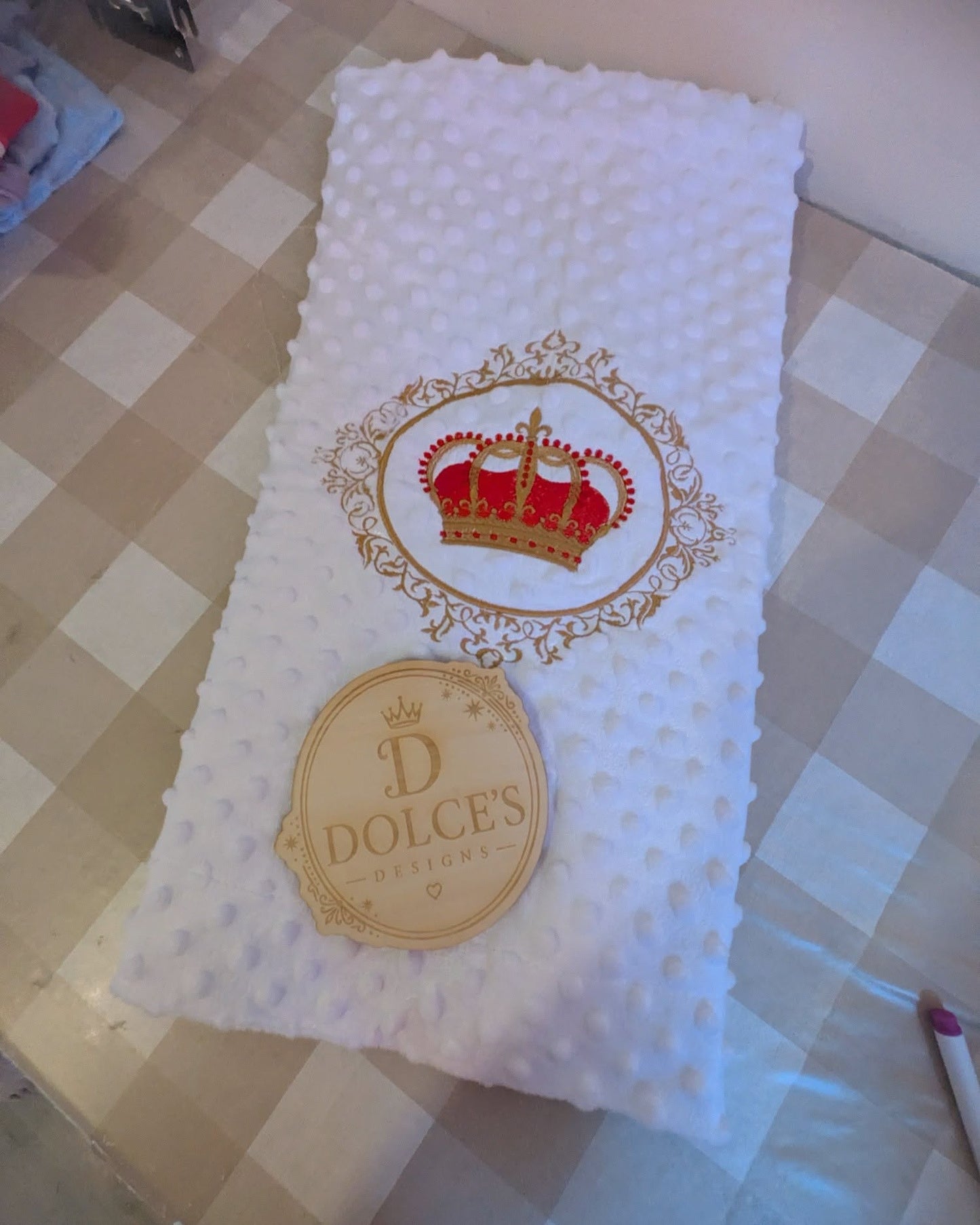 Crown Baby Blanket – White Embroidered Red & Gold Design