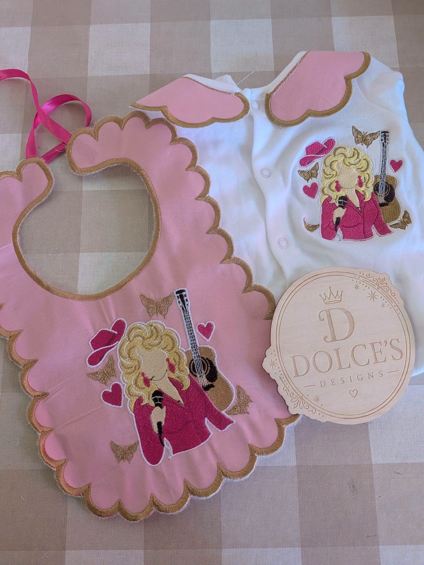 Dolly Parton Inspired Baby Set – Pink & Gold Embroidered Babygrow & Bib