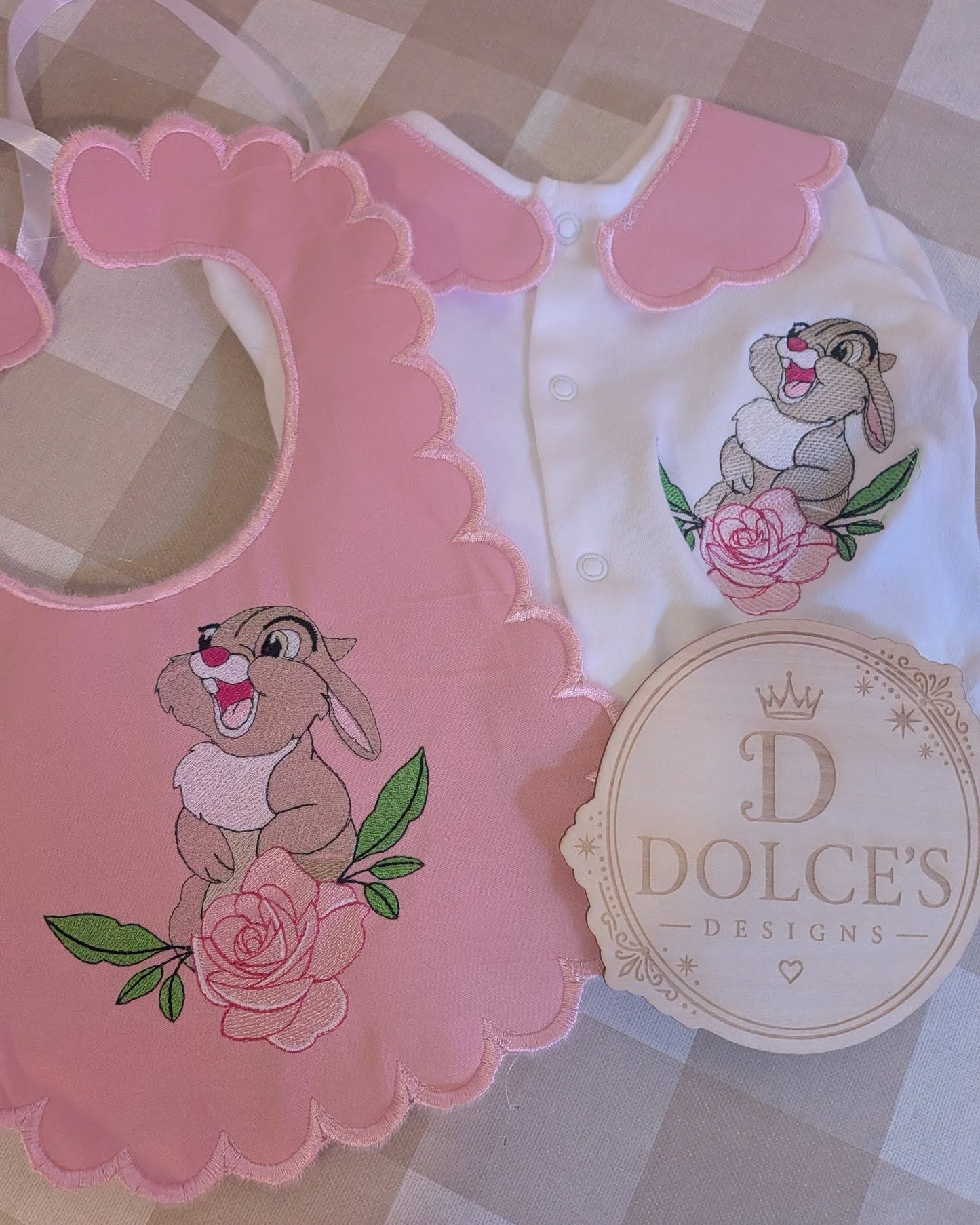 Thumper Inspired Baby Set – Pink Embroidered Babygrow & Bib