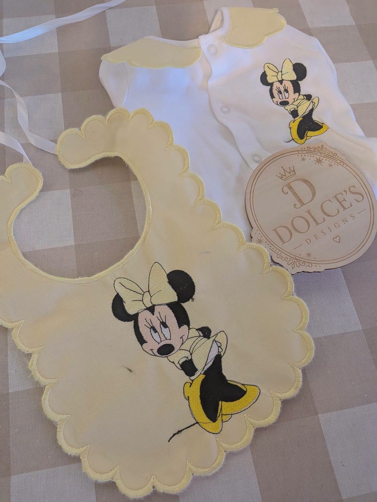 Personalised Minnie Mouse Baby Set – Yellow Embroidered Babygrow & Bib