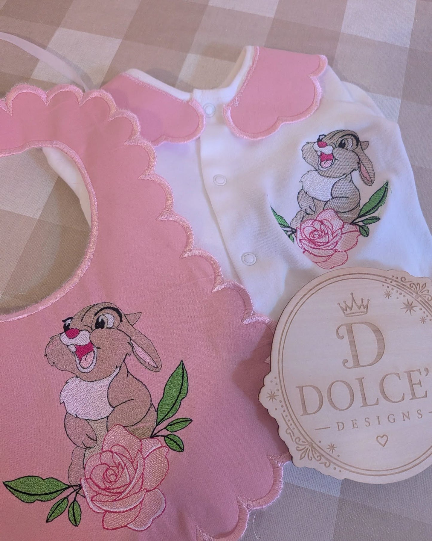 Thumper Inspired Baby Set – Pink Embroidered Babygrow & Bib