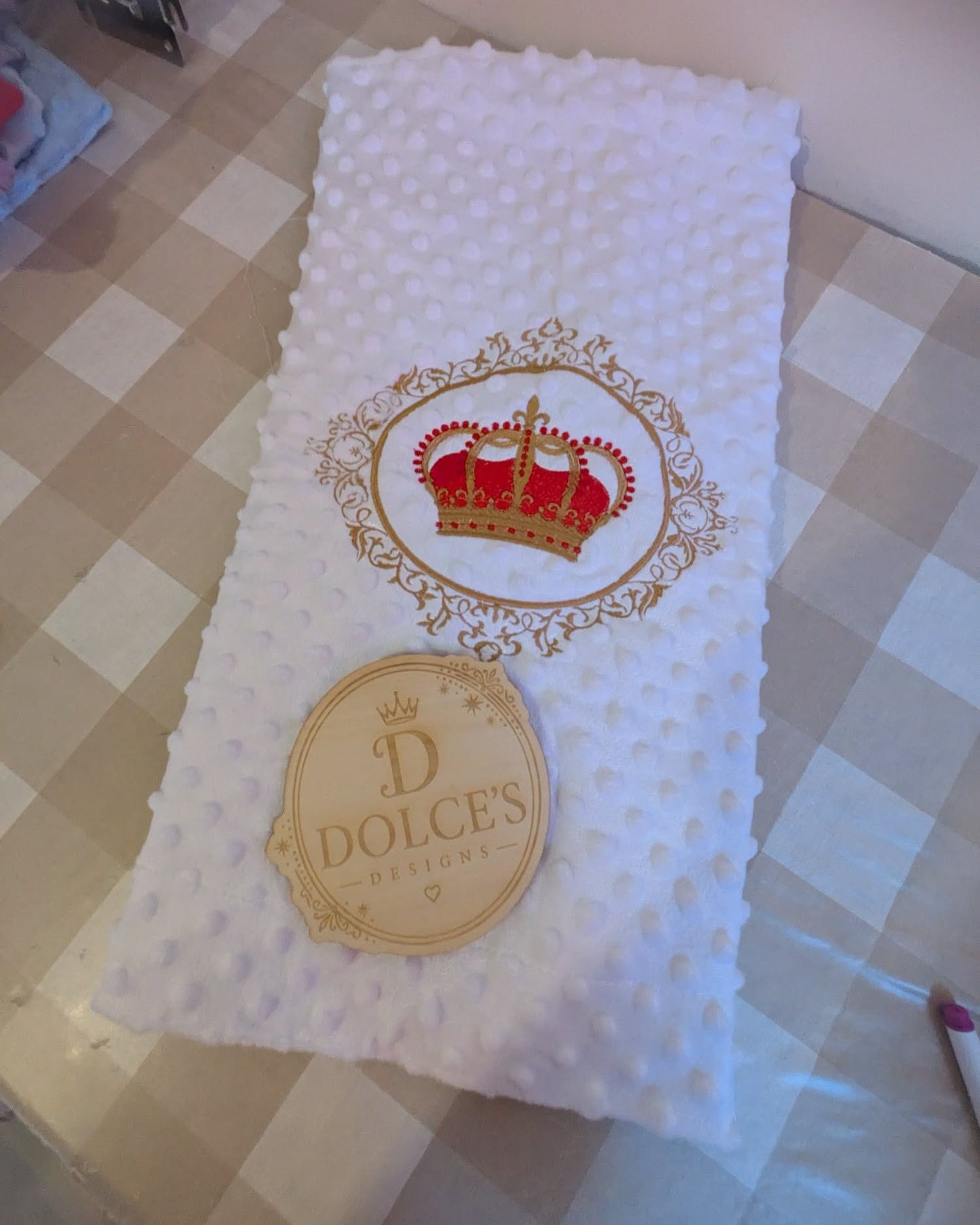 Crown Baby Blanket – White Embroidered Red & Gold Design