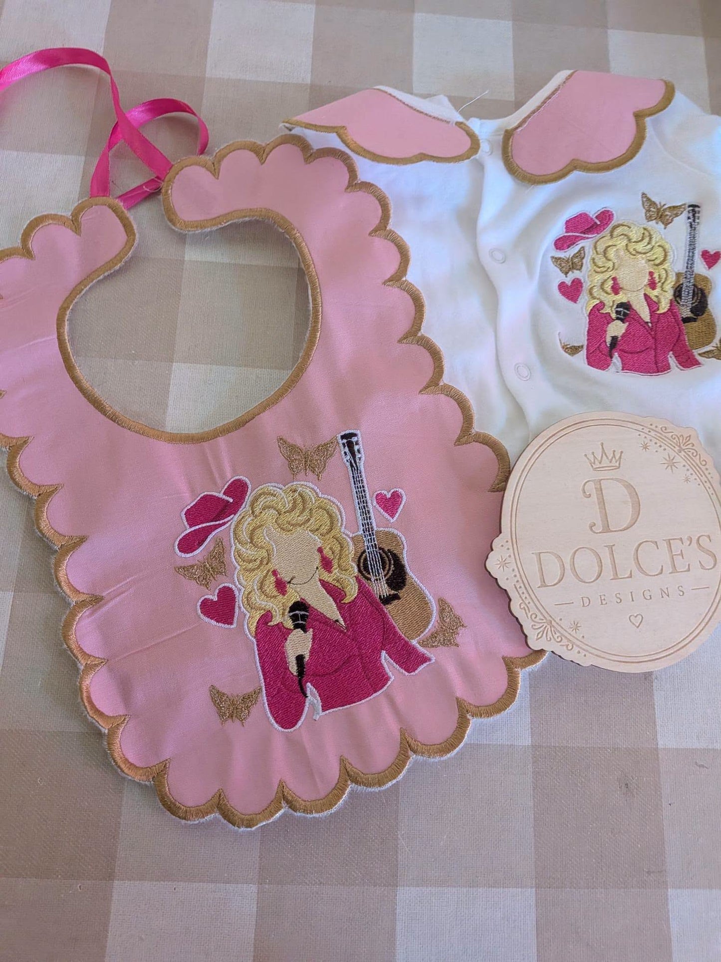 Dolly Parton Inspired Baby Set – Pink & Gold Embroidered Babygrow & Bib