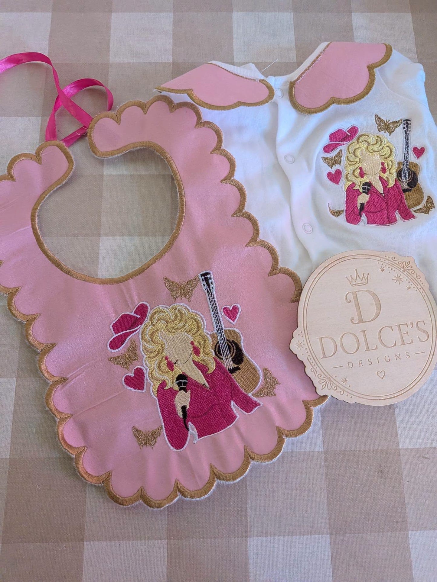 Dolly Parton Inspired Baby Set – Pink & Gold Embroidered Babygrow & Bib