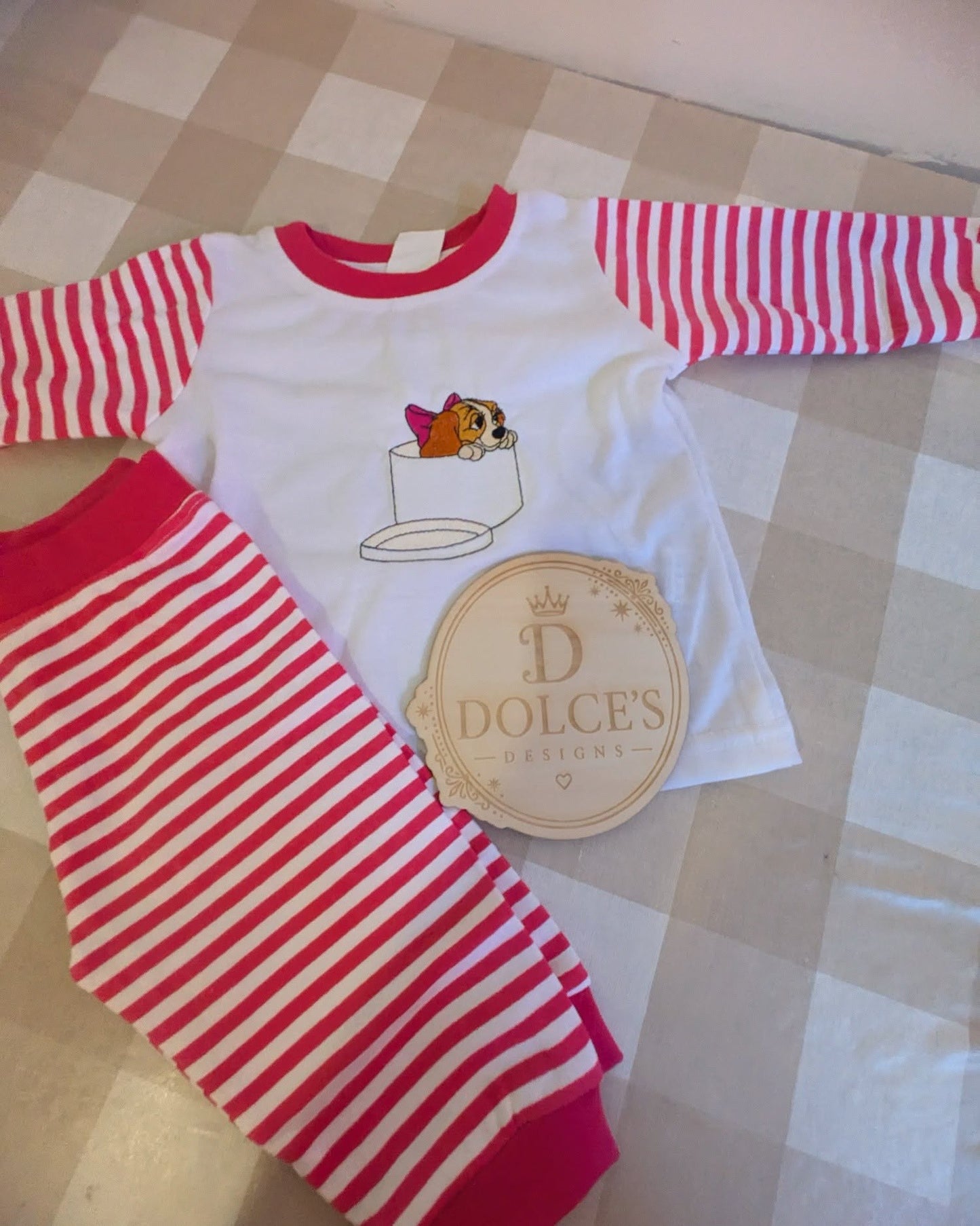 Lady Inspired Girls Pyjamas – Hot Pink & White Striped Embroidered PJs