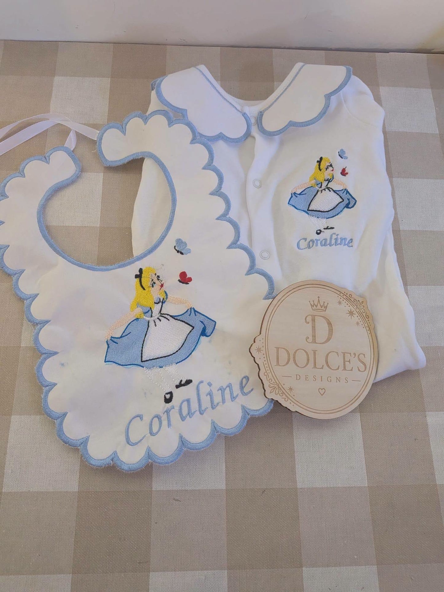 Personalised Alice in Wonderland Baby Set – Embroidered Babygrow & Bib