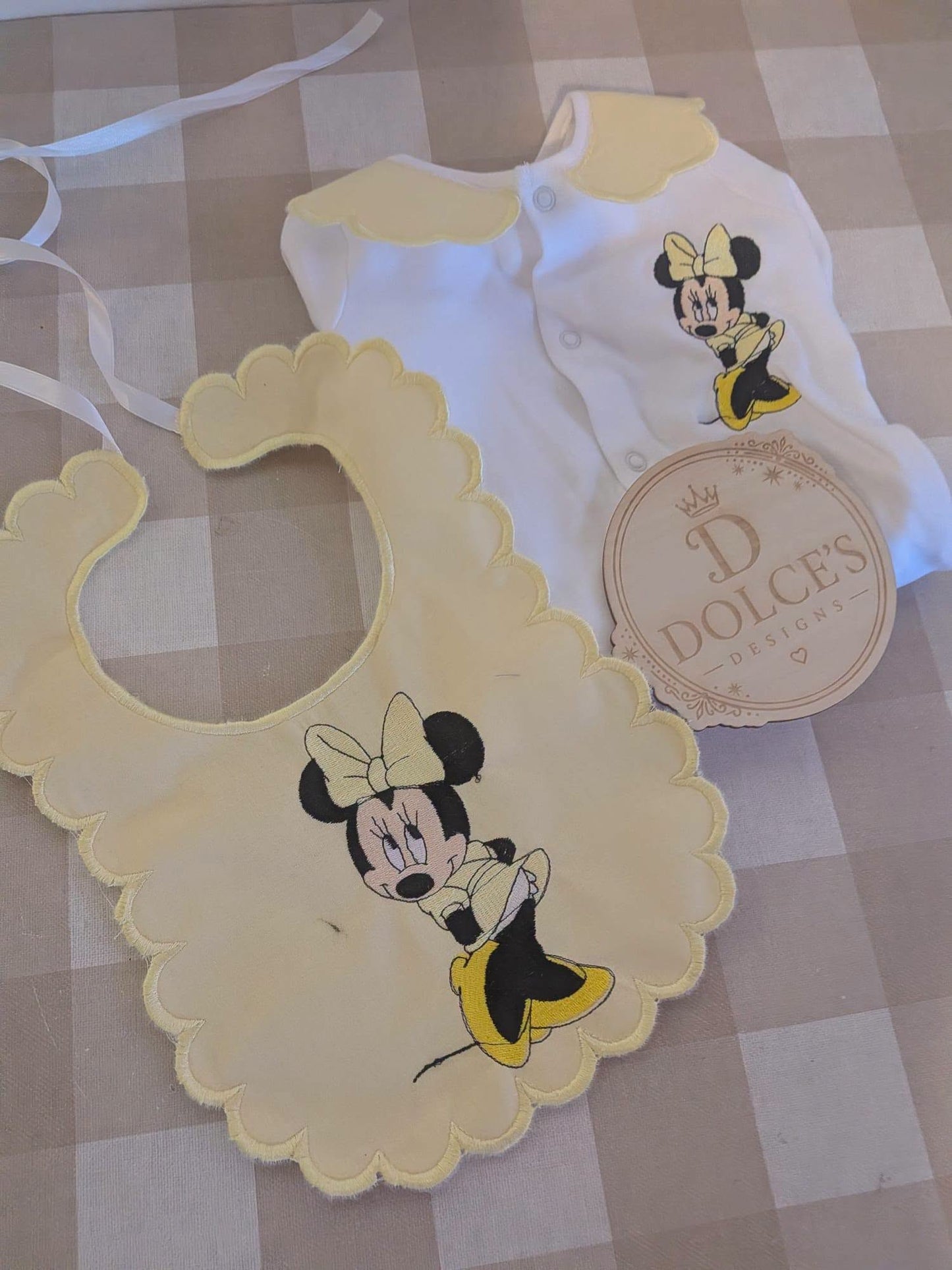 Personalised Minnie Mouse Baby Set – Yellow Embroidered Babygrow & Bib
