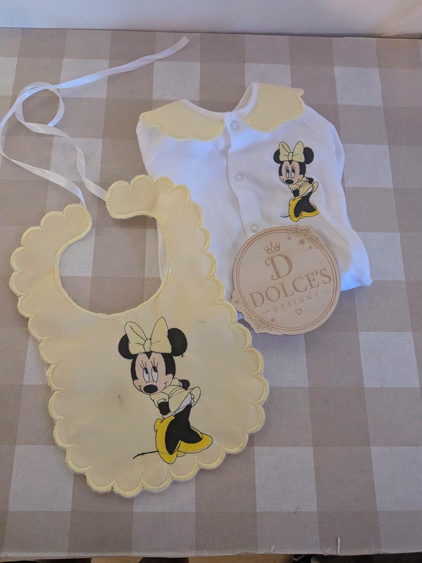 Personalised Minnie Mouse Baby Set – Yellow Embroidered Babygrow & Bib