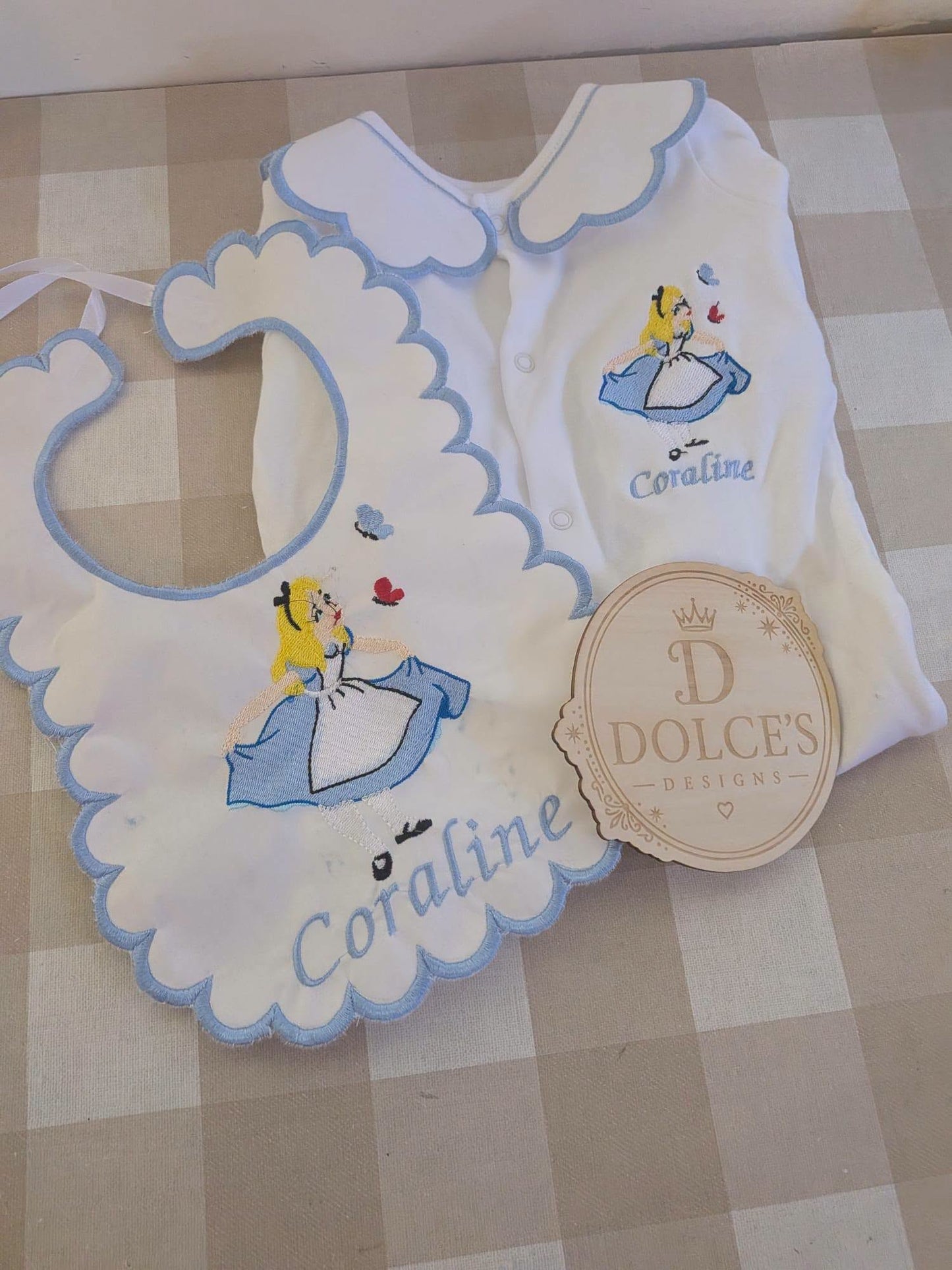 Personalised Alice in Wonderland Baby Set – Embroidered Babygrow & Bib