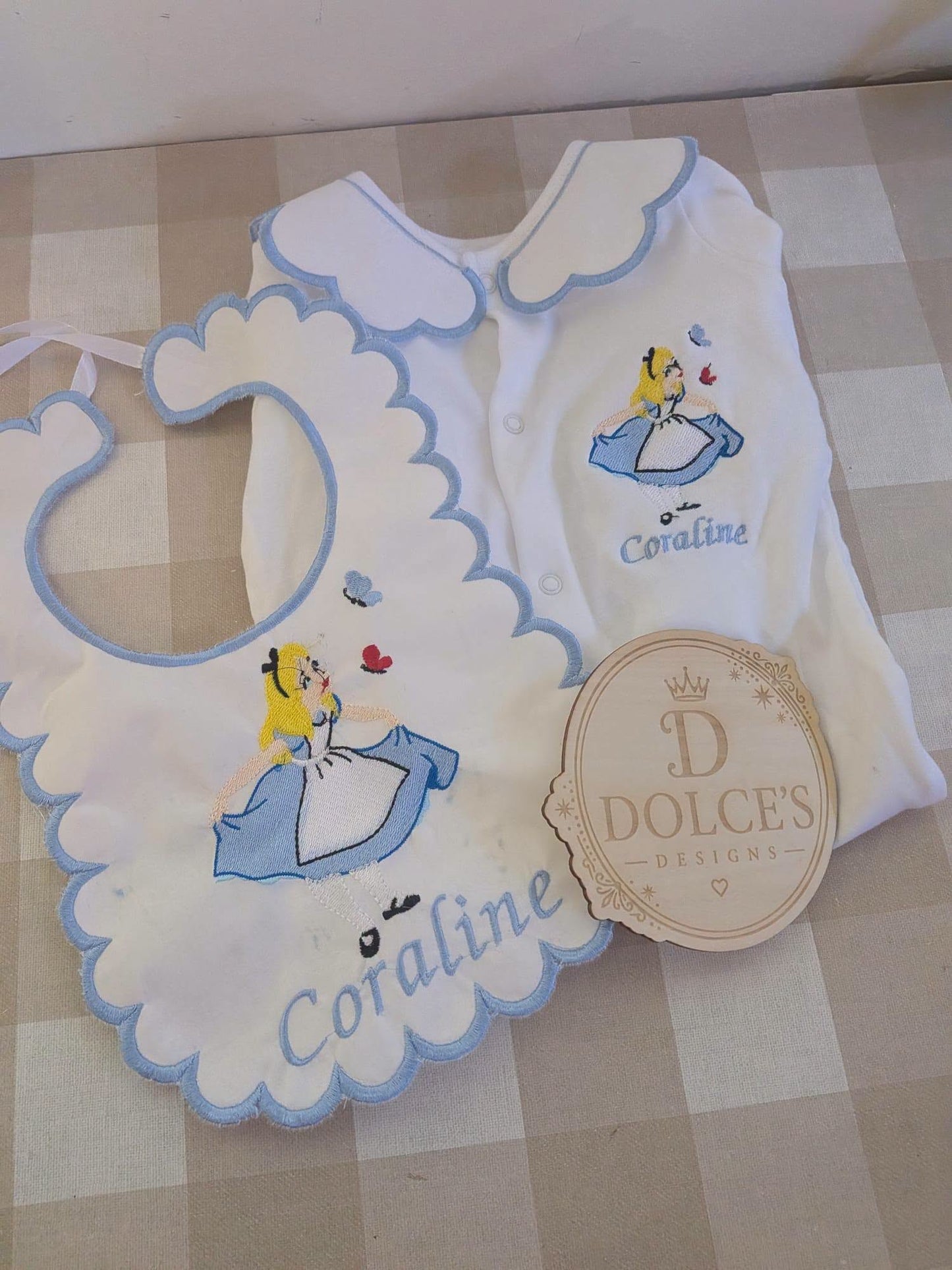 Personalised Alice in Wonderland Baby Set – Embroidered Babygrow & Bib