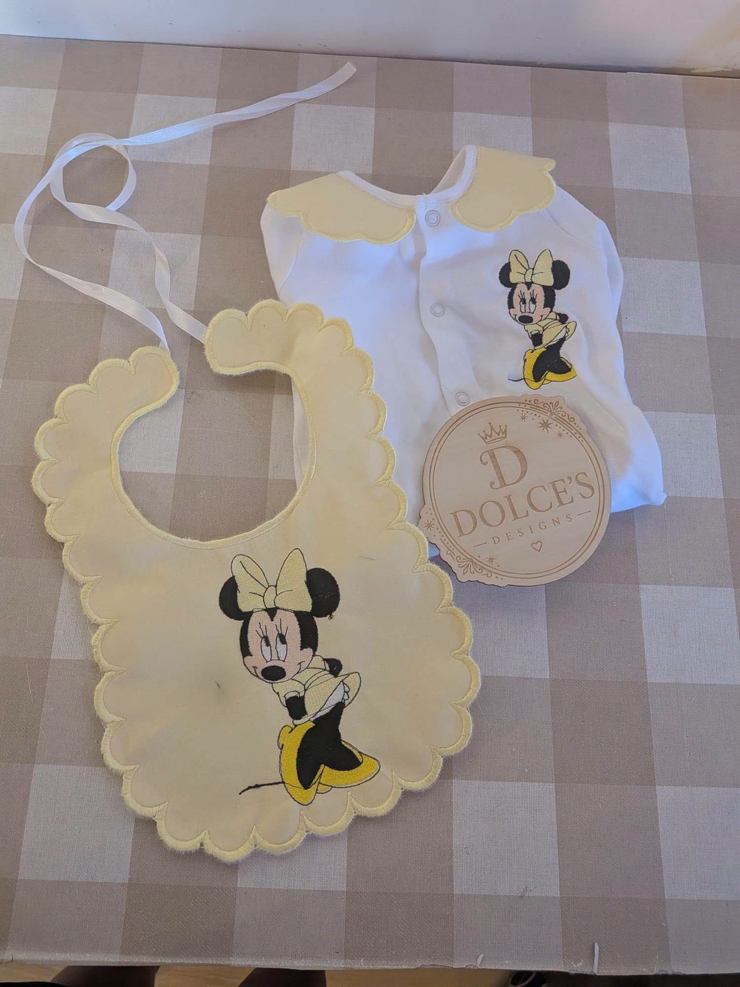 Personalised Minnie Mouse Baby Set – Yellow Embroidered Babygrow & Bib