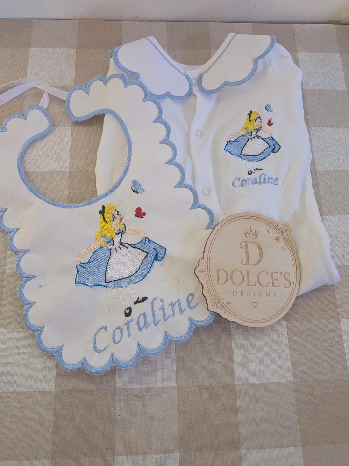 Personalised Alice in Wonderland Baby Set – Embroidered Babygrow & Bib