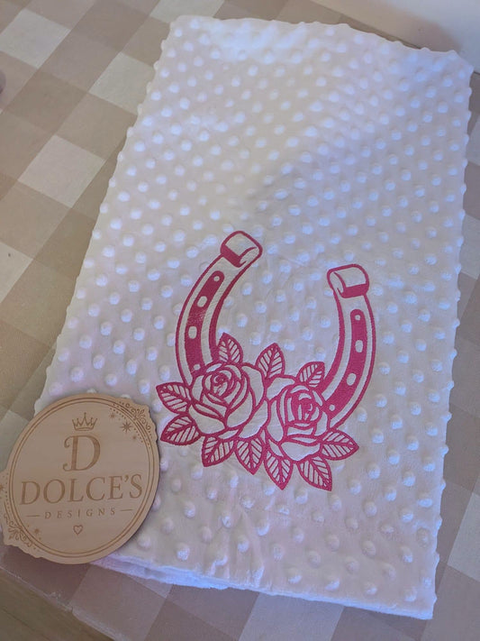 Horseshoe & Roses Baby Blanket – Pink Embroidered Design