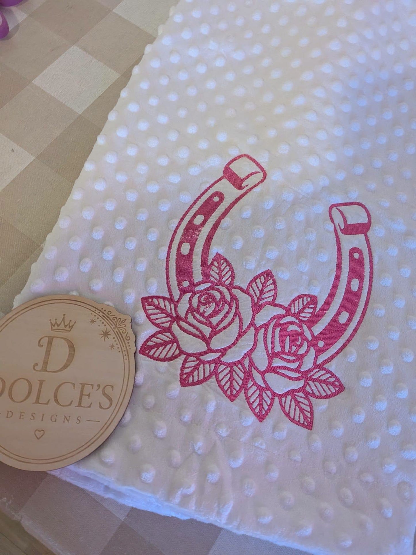 Horseshoe & Roses Baby Blanket – Pink Embroidered Design