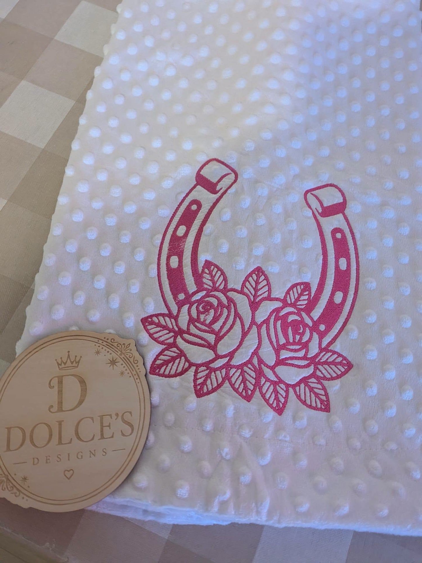 Horseshoe & Roses Baby Blanket – Pink Embroidered Design