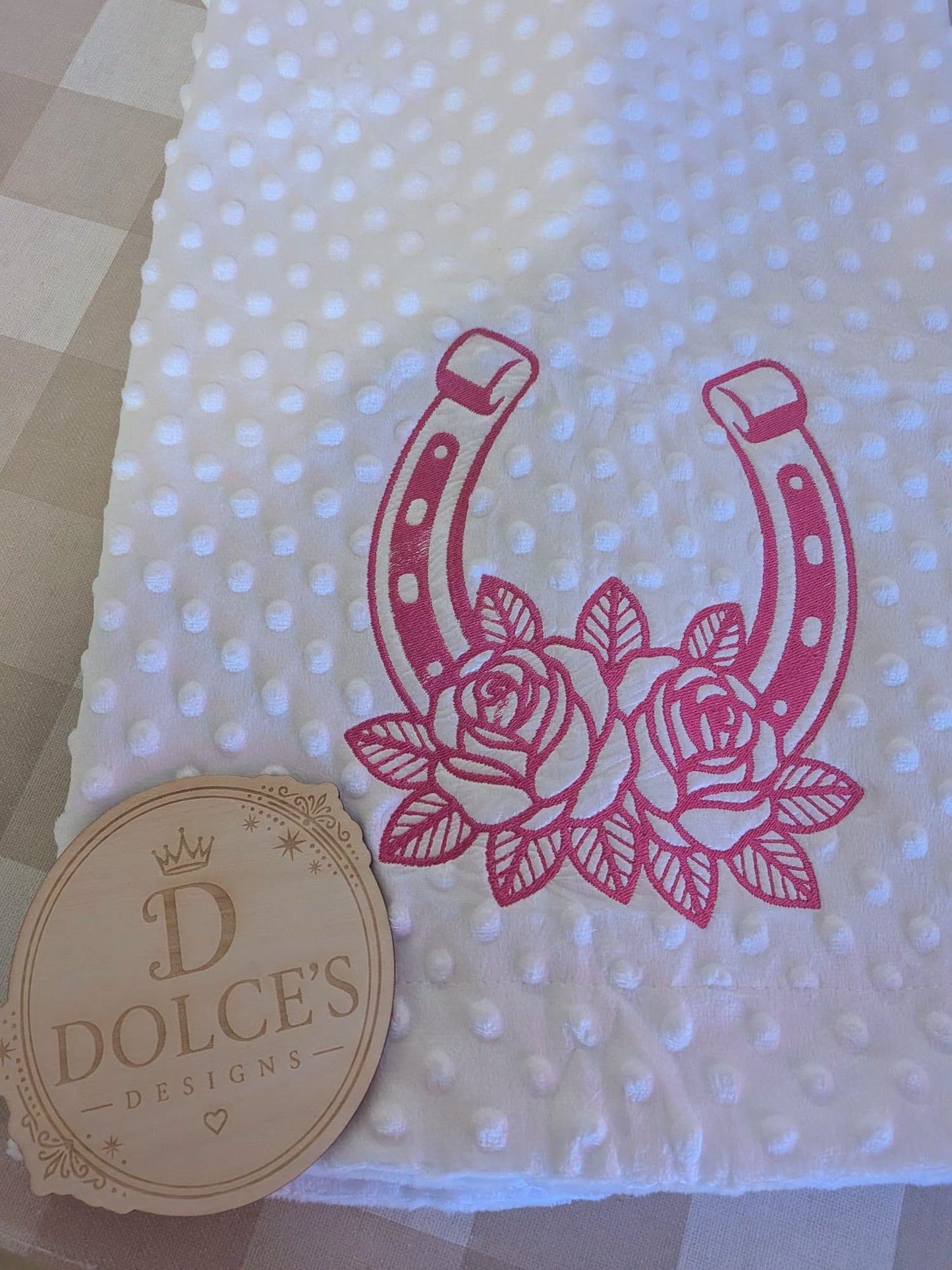 Horseshoe & Roses Baby Blanket – Pink Embroidered Design