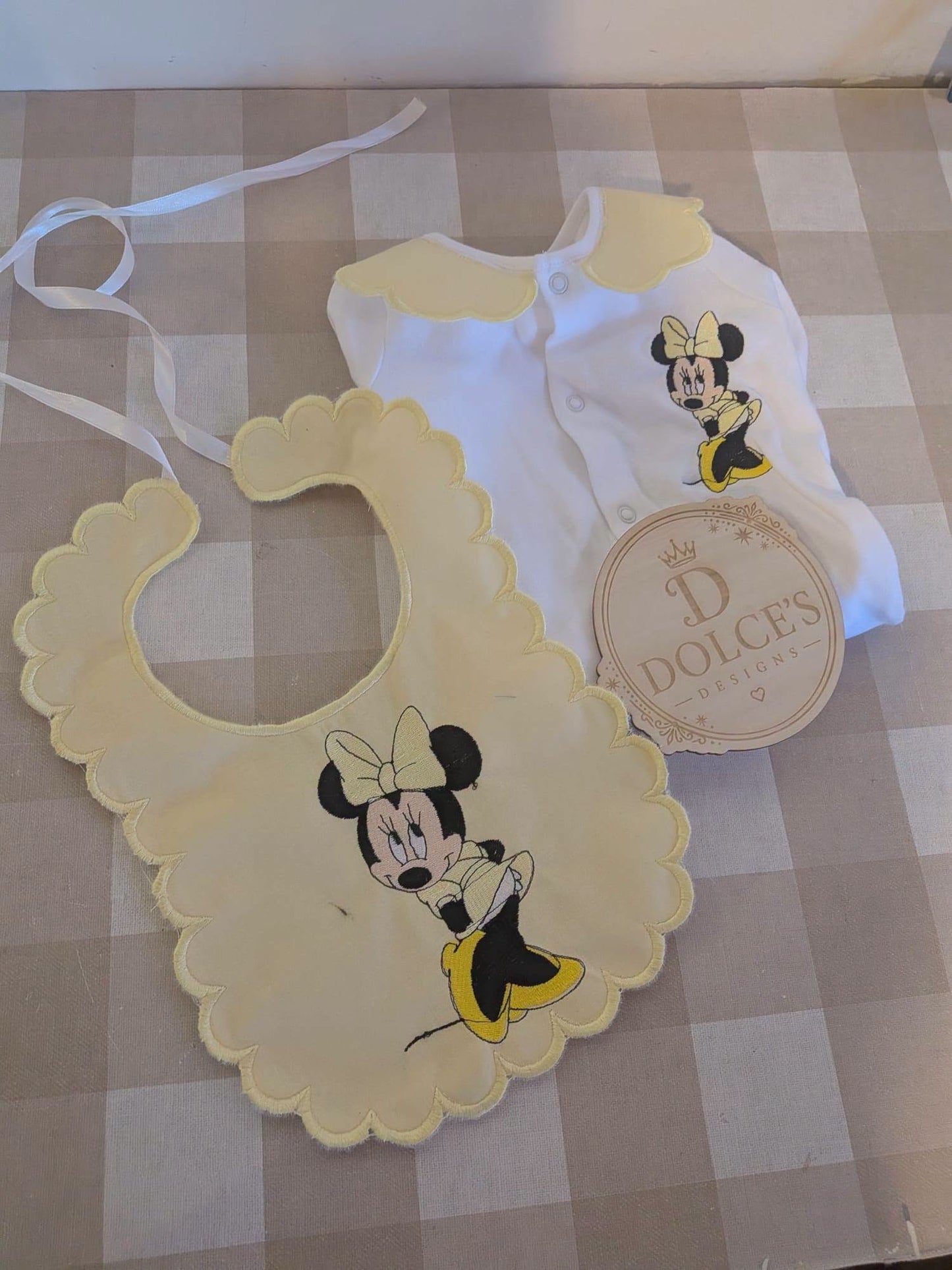 Personalised Minnie Mouse Baby Set – Yellow Embroidered Babygrow & Bib