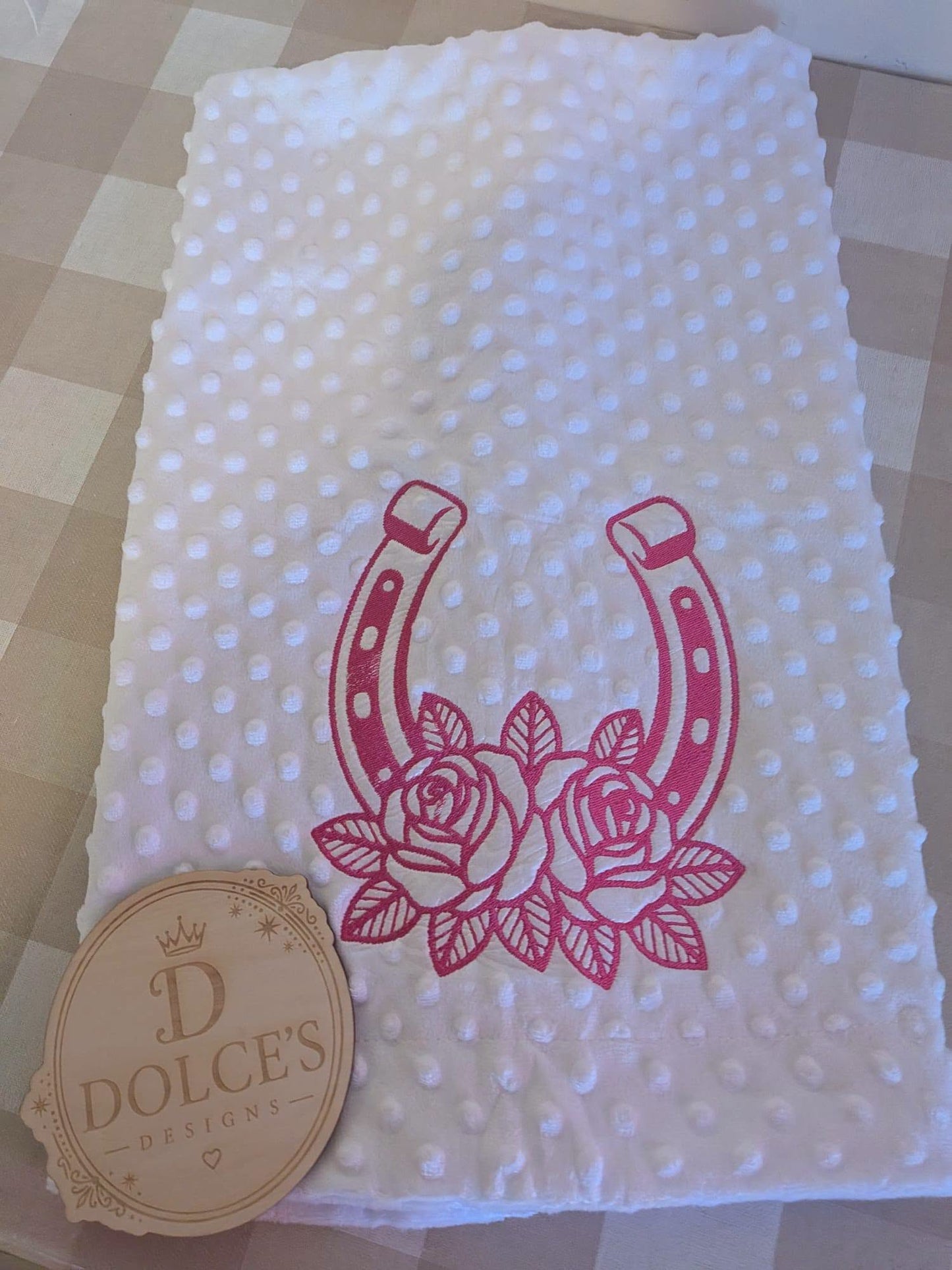 Horseshoe & Roses Baby Blanket – Pink Embroidered Design